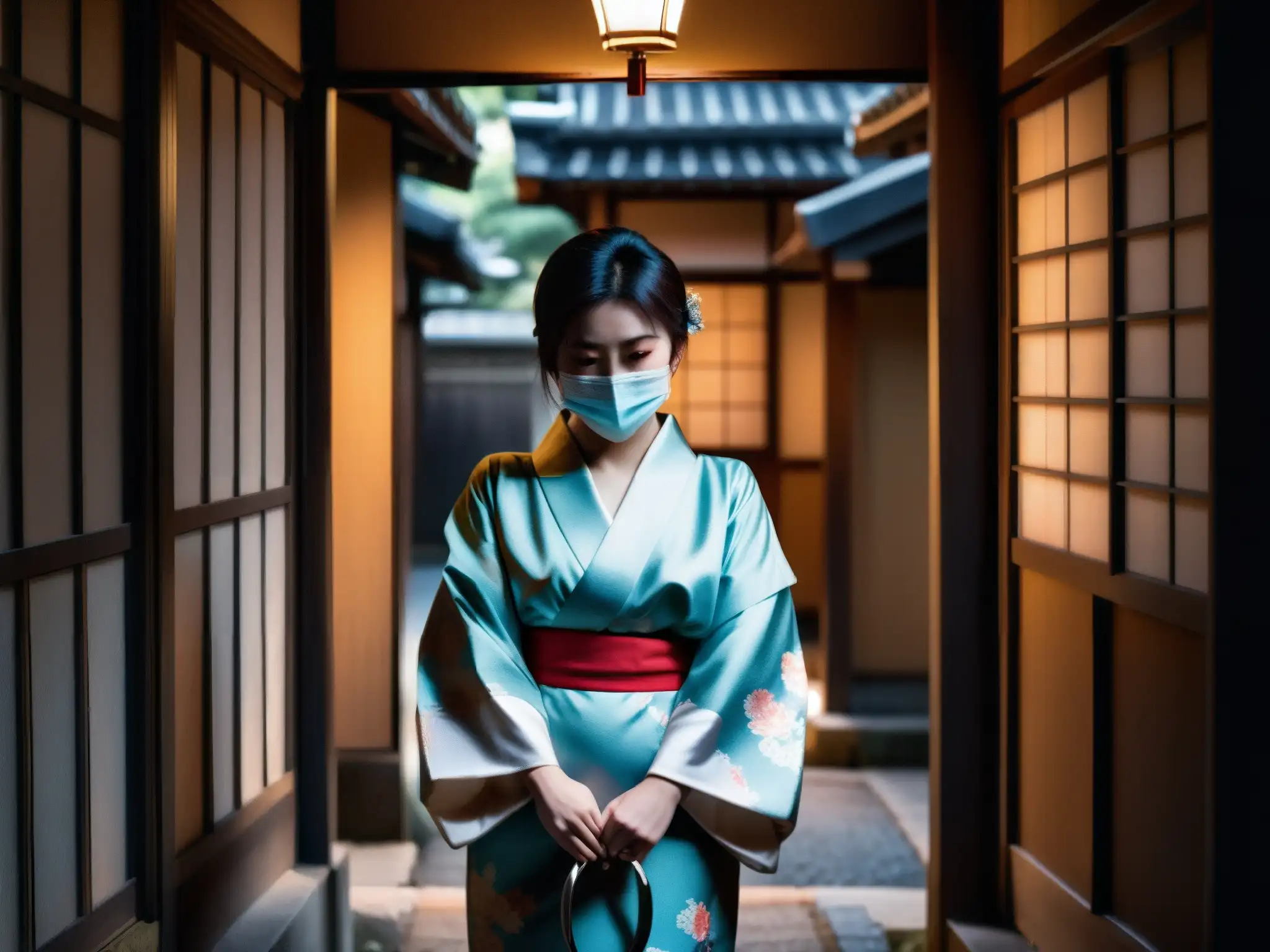 La misteriosa Kushisake Onna en kimono japonés, con un ambiente inquietante