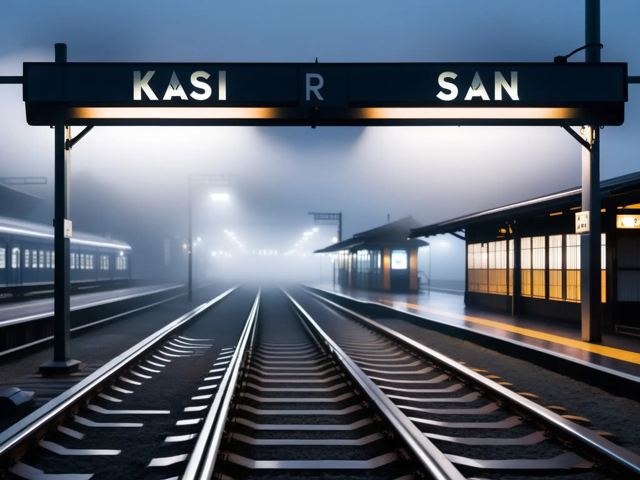 Misteriosa plataforma vacía de la estación Kisaragi al anochecer, envuelta en niebla