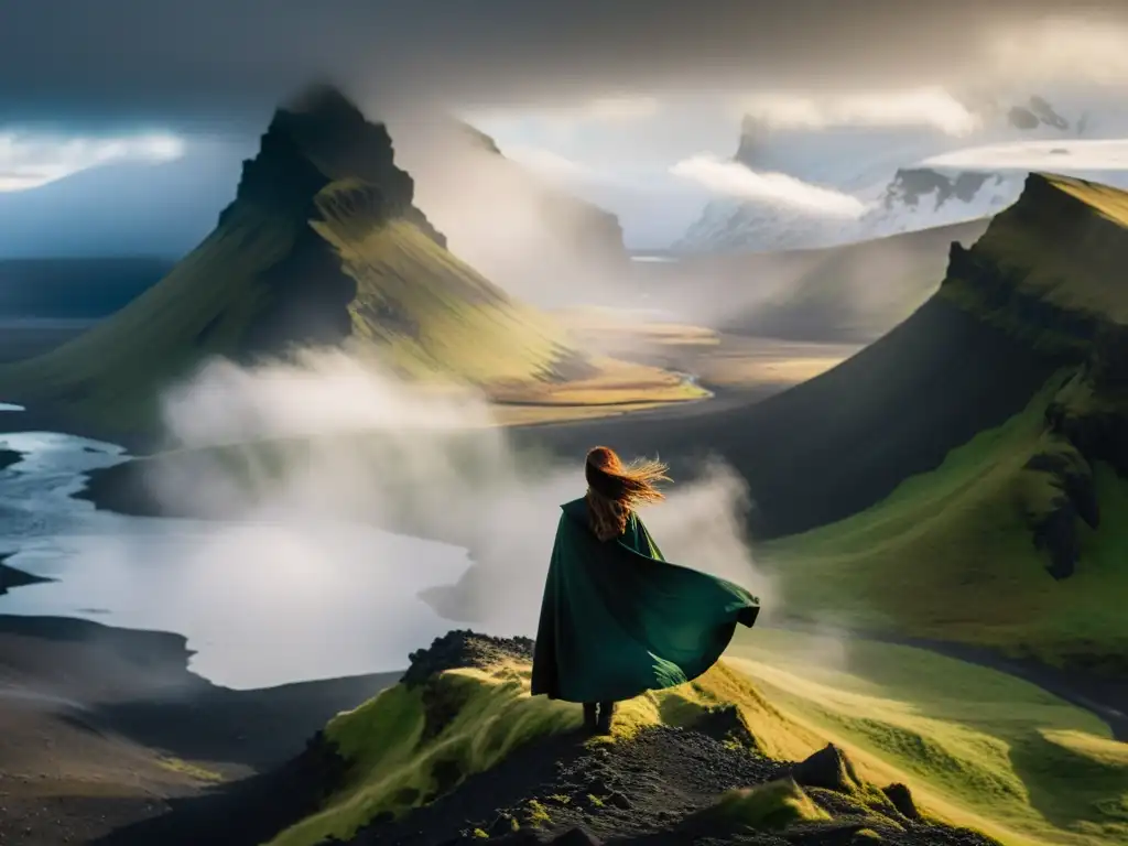 Una misteriosa y poderosa figura femenina se alza en la cima de las montañas islandesas, representando la leyenda de la Mujer de la Montaña Islandesa