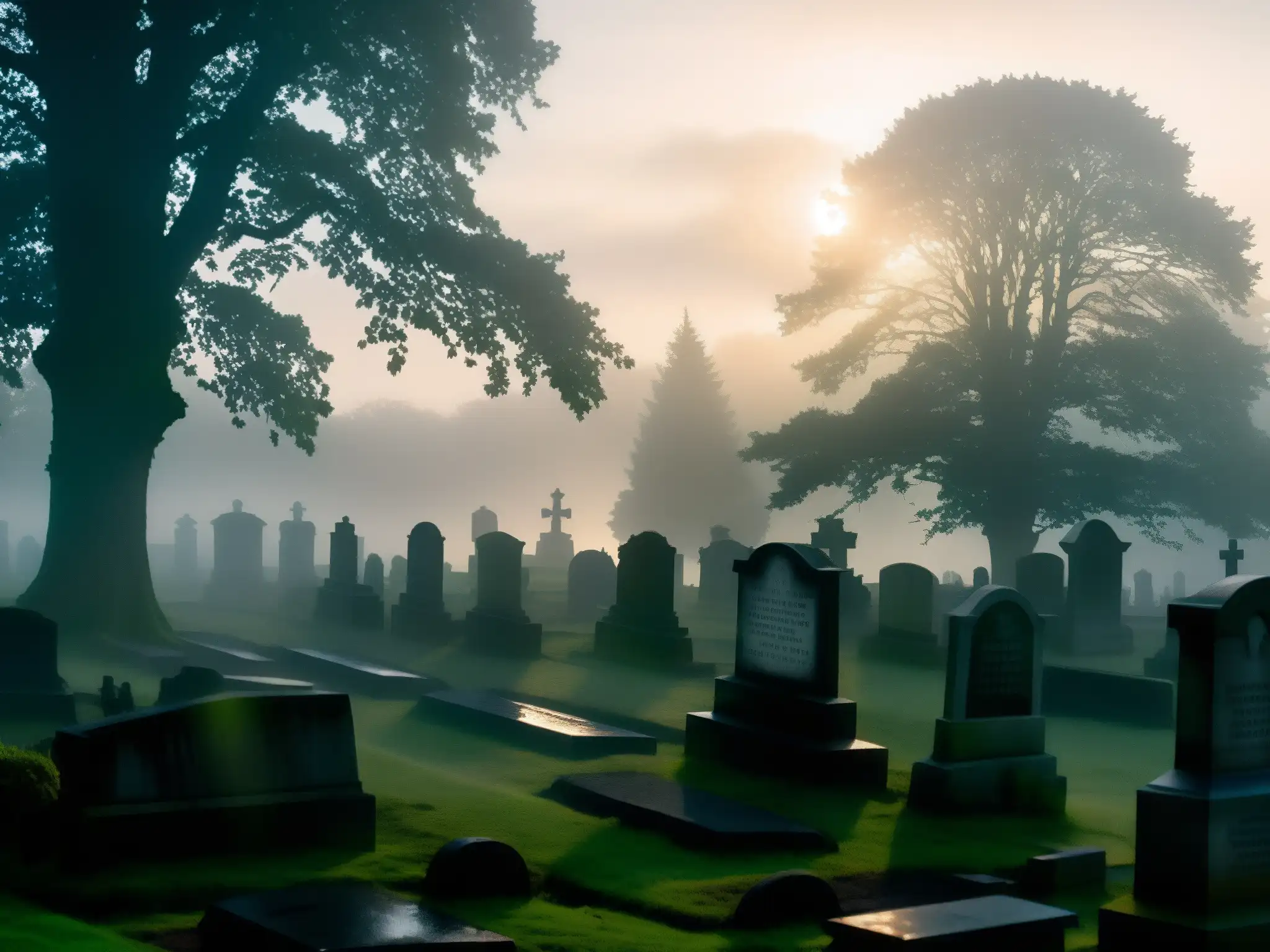 Misteriosa presencia del Más Allá en Cementerio Lothian al anochecer, con neblina y figuras sombrías entre las tumbas