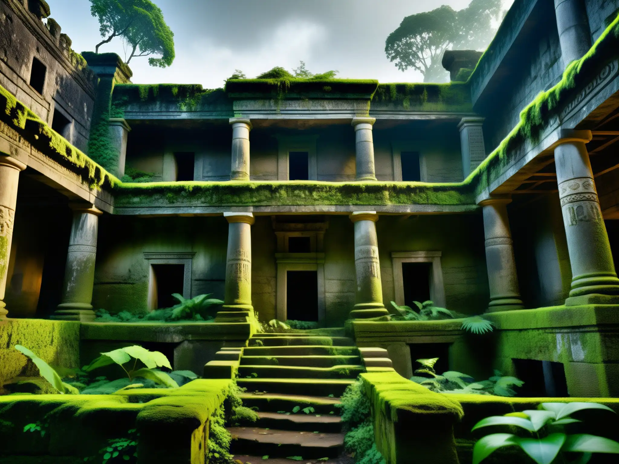 Misteriosa selva con ruinas antiguas entre la densa niebla, evocando mitos y leyendas urbanas reales