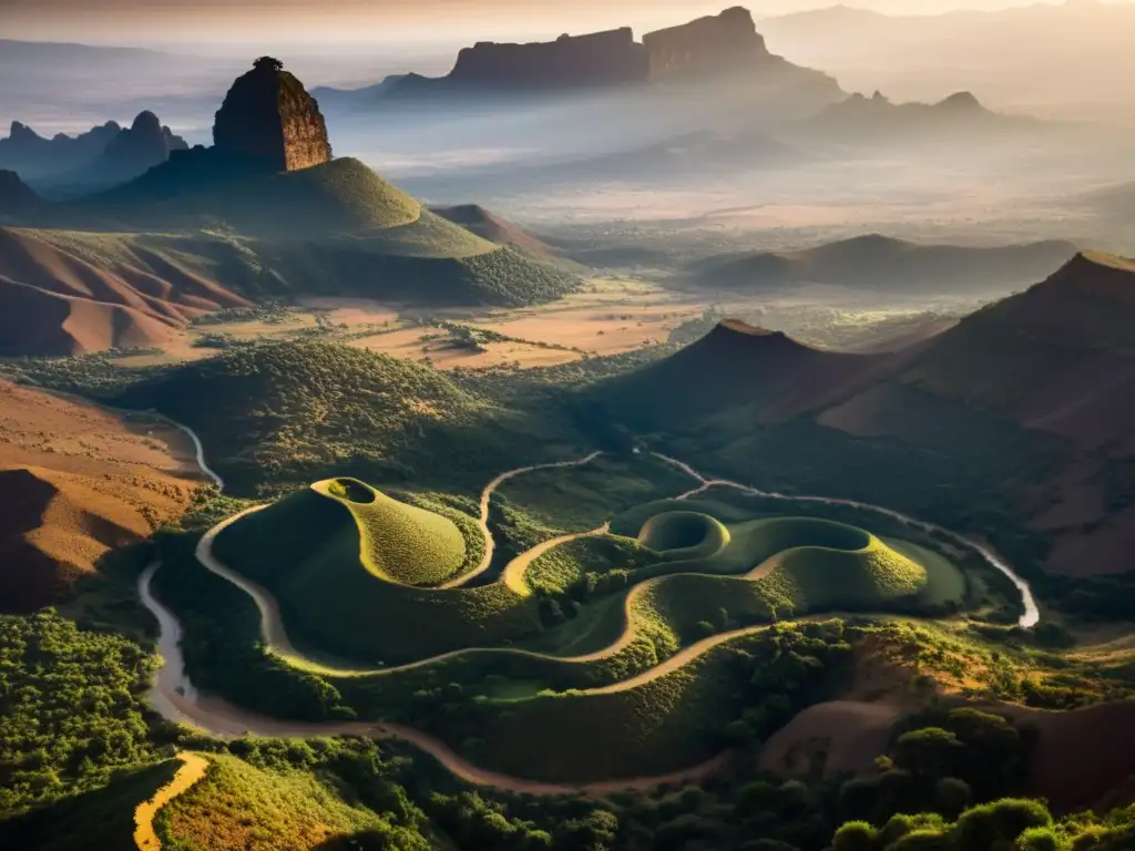 La misteriosa serpiente gigante se desliza entre el paisaje etíope al anochecer, evocando la leyenda de la serpiente gigante en esta tierra mágica