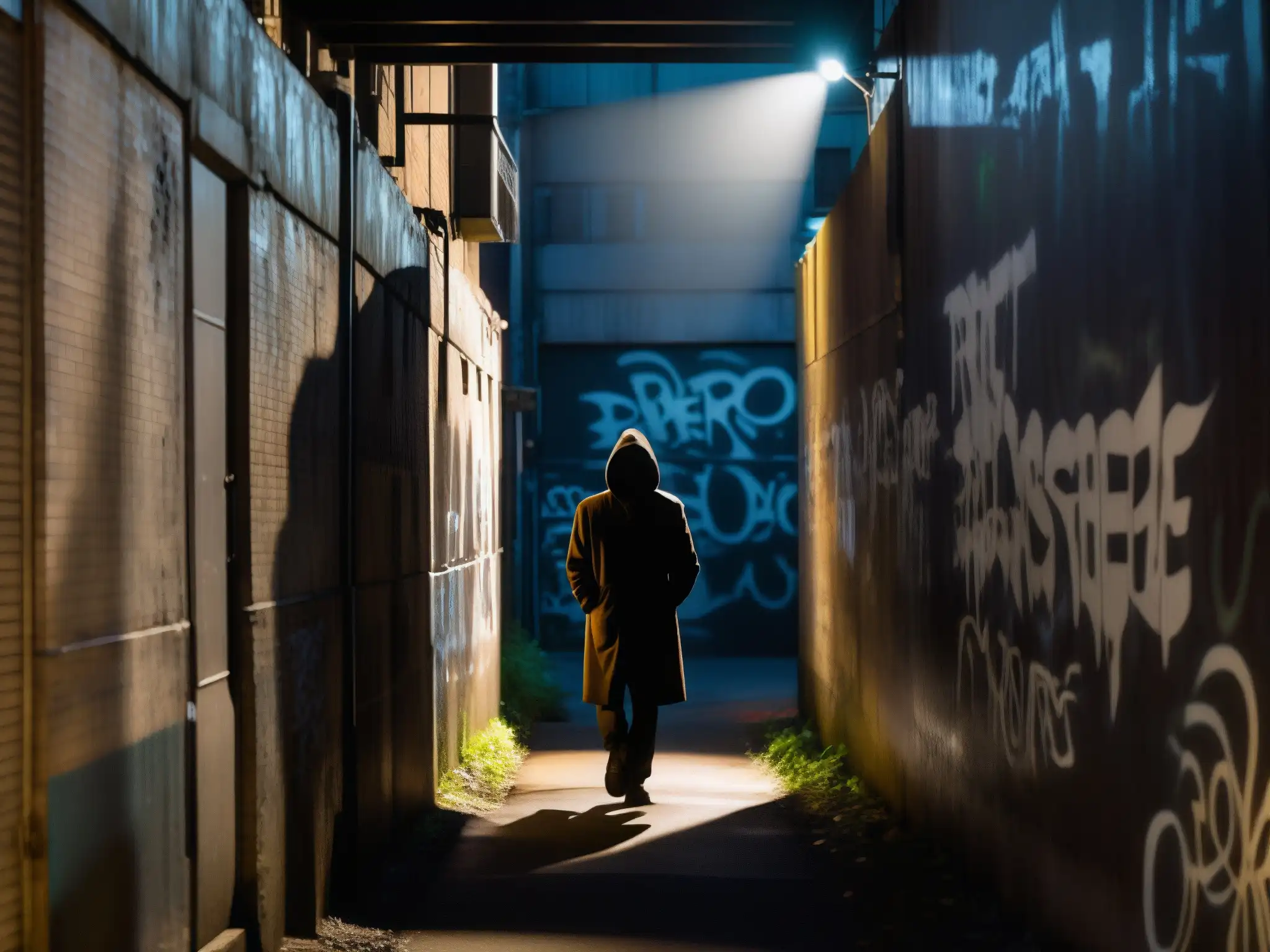 Una misteriosa silueta se destaca en un callejón urbano graffiteado y sombrío, transmitiendo una atmósfera inquietante