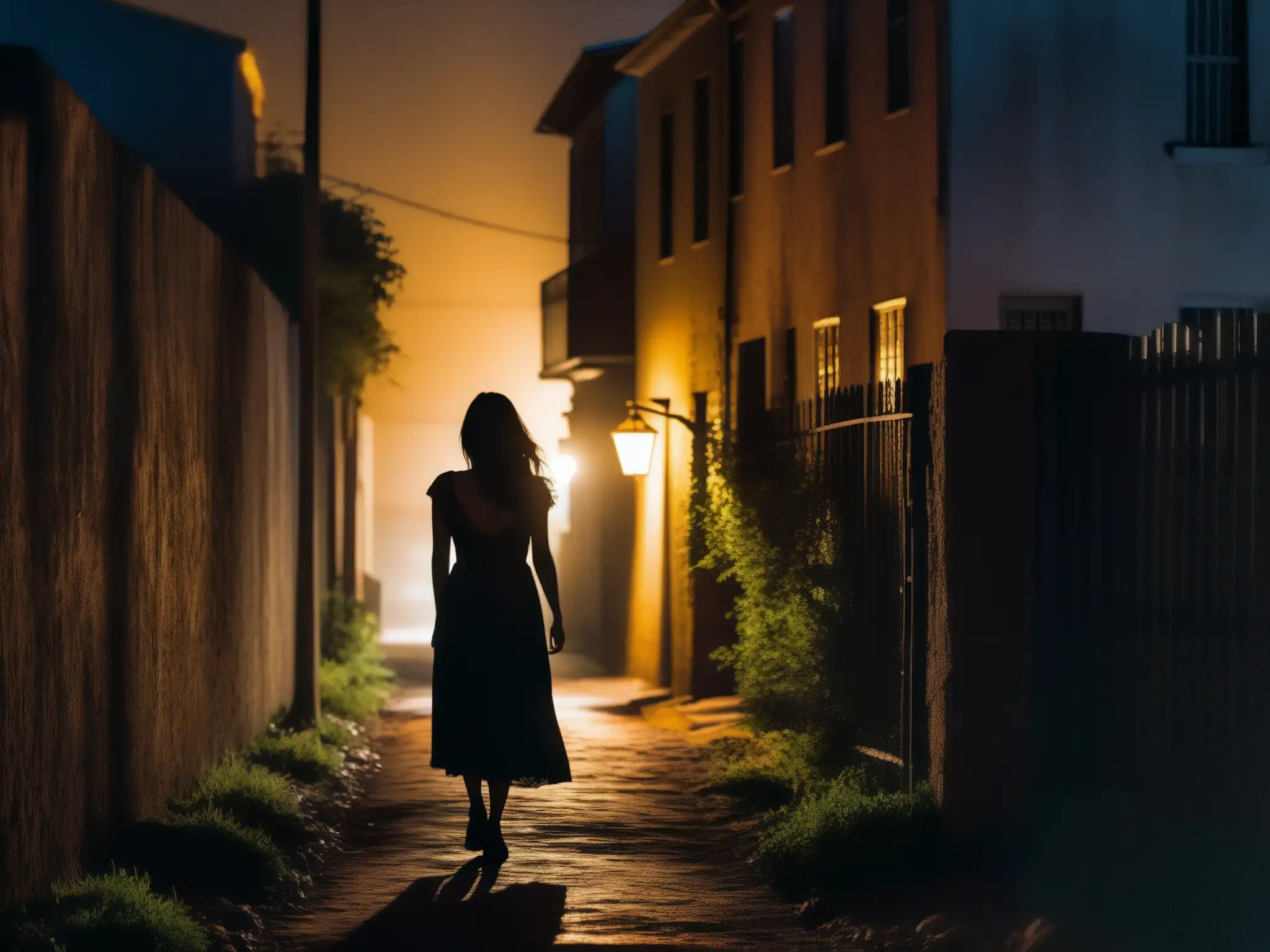 La misteriosa silueta de la Llorona en un callejón oscuro evoca la atmósfera inquietante de los mitos urbanos impacto salud mental