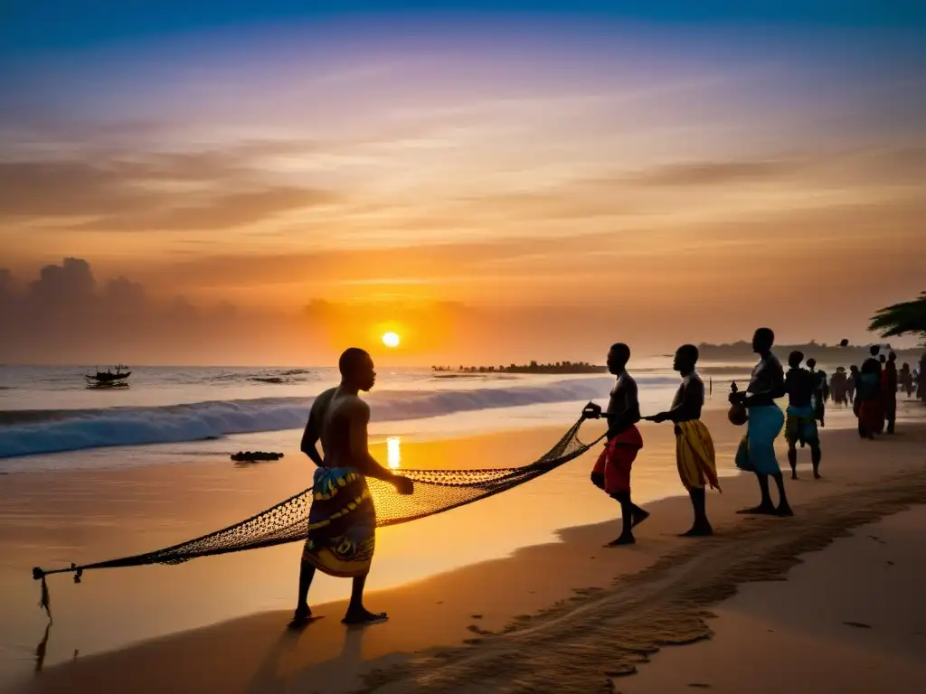 Una misteriosa sirena Mami Wata emerge del mar al atardecer en una aldea costera de Ghana, mientras pescadores reparan sus redes en la playa