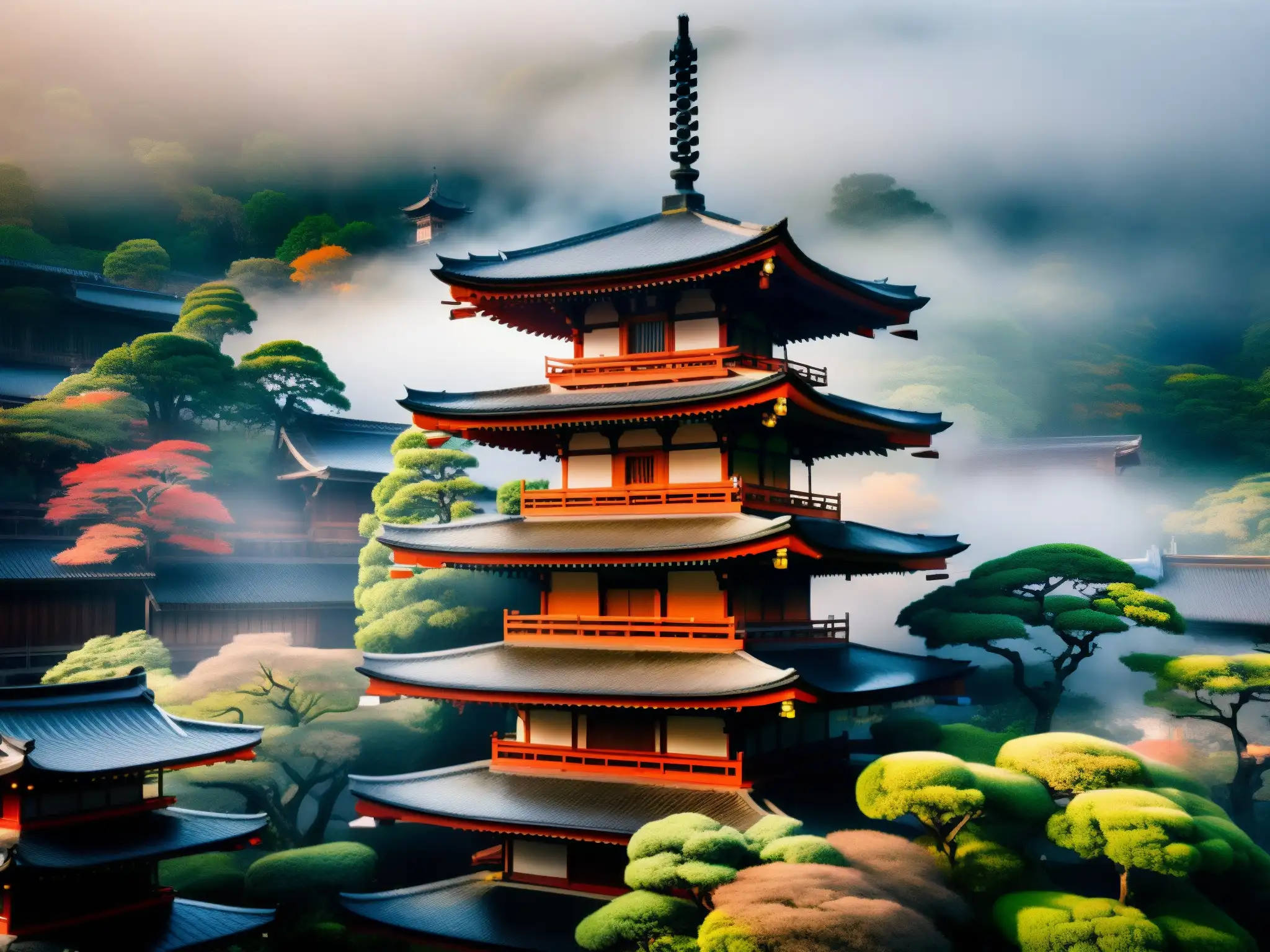 Misteriosa niebla rodea el templo Kiyomizudera en Kyoto, Japón, resaltando su arquitectura japonesa en un escenario de misterio y encanto