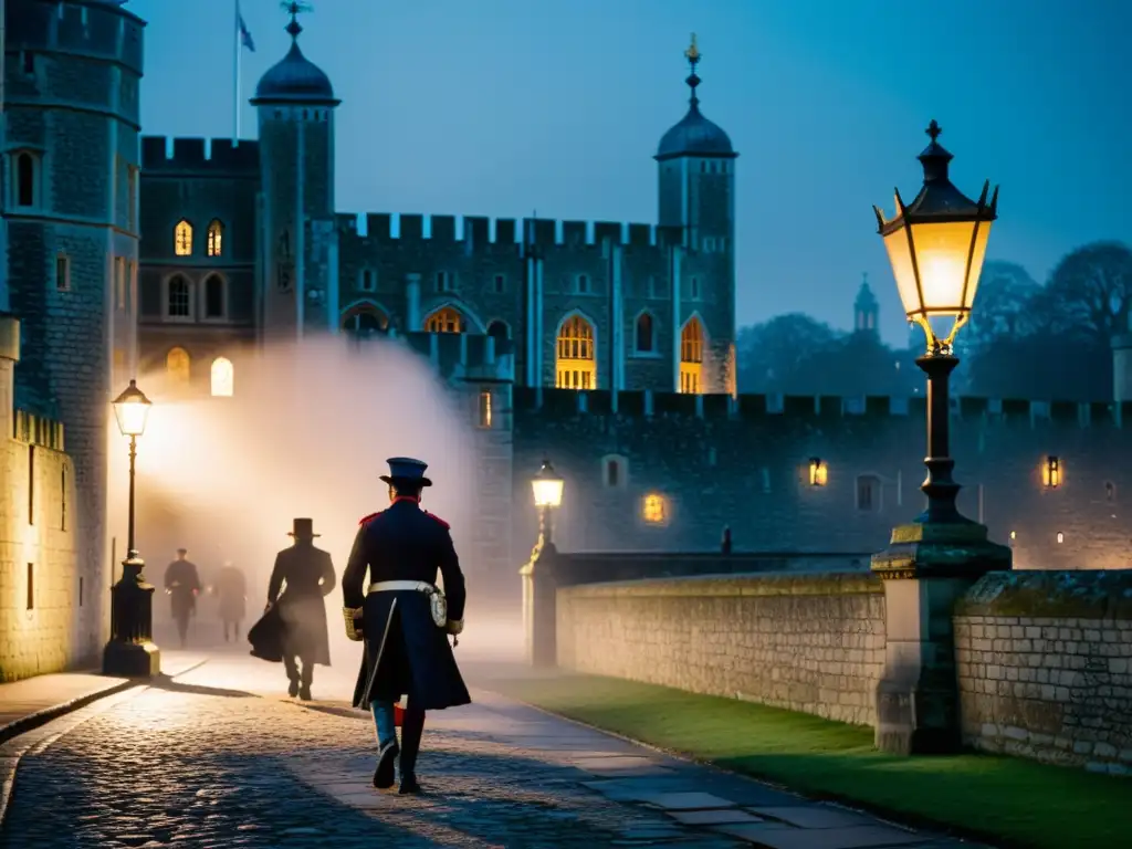 La misteriosa Torre de Londres iluminada al anochecer, rodeada por una atmósfera fantasmal que evoca leyendas y apariciones