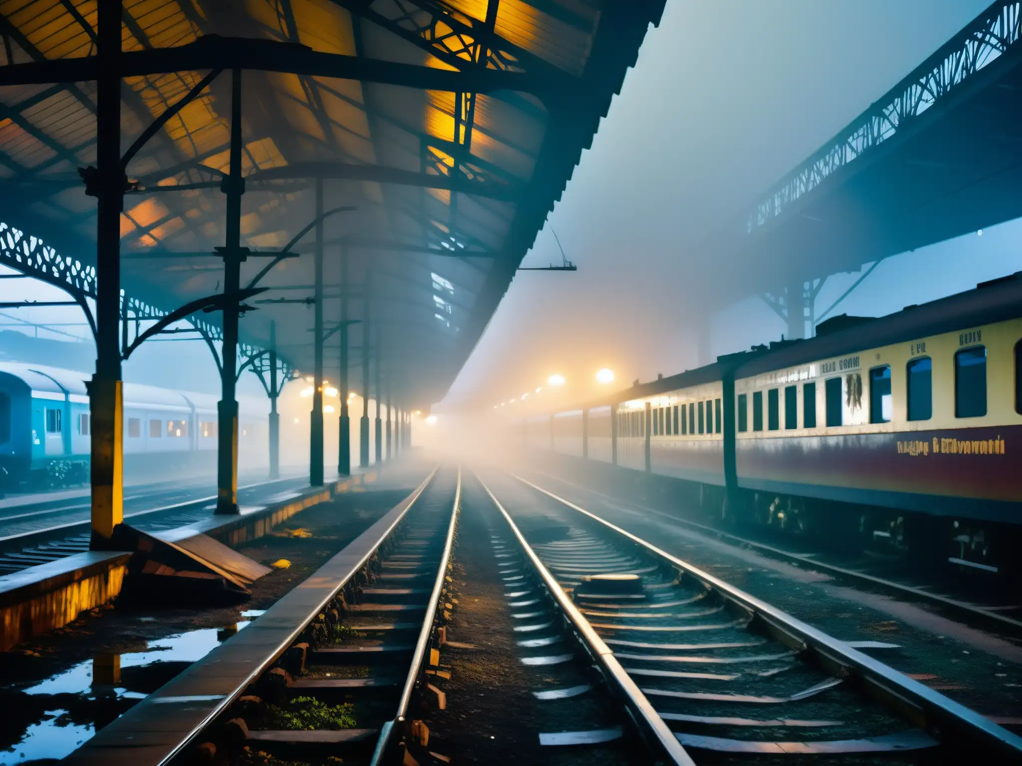 La misteriosa estación de tren abandonada de Howrah, con vías oxidadas y un resplandor sobrenatural en las plataformas, evoca la atmósfera inquietante de los legendarios trenes fantasma de Howrah