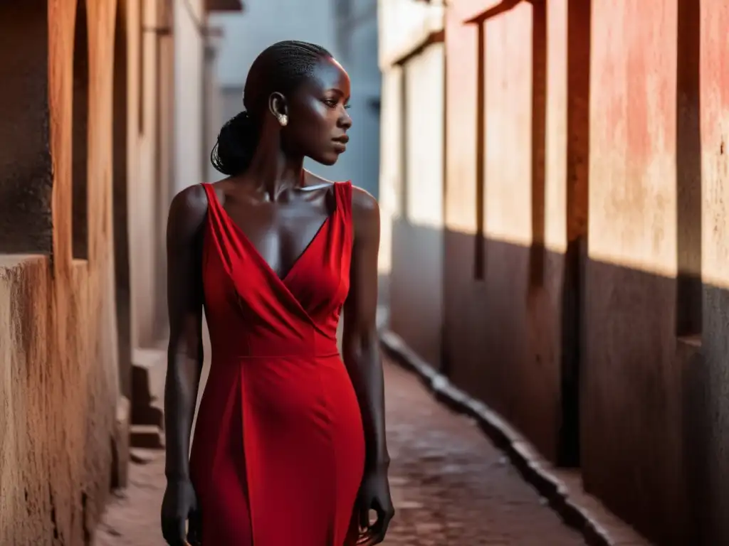 Una misteriosa figura en un vestido rojo en una oscura callejuela de Dakar