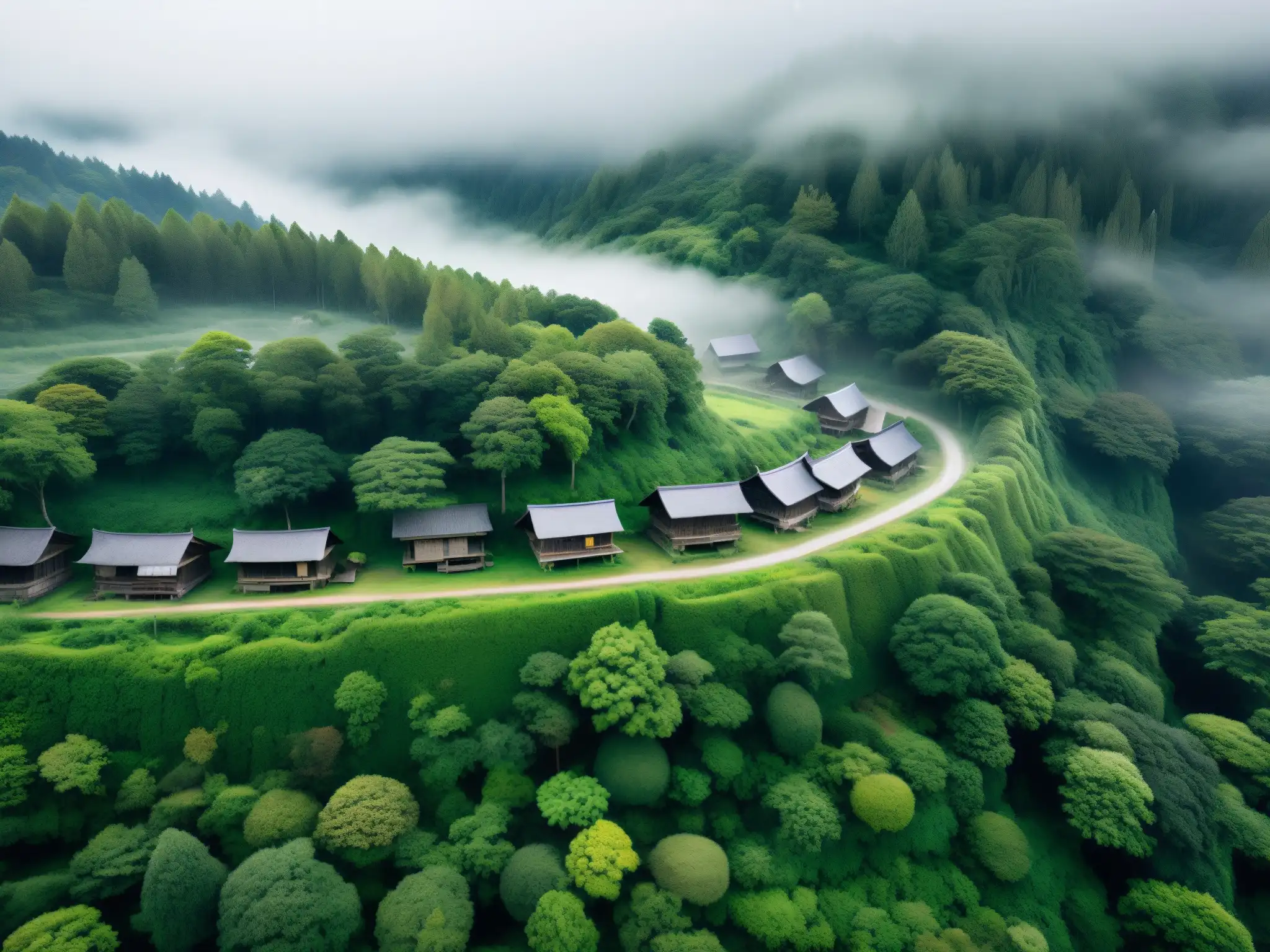 Misteriosa vista aérea de la antigua aldea de Sugisawa envuelta en niebla y rodeada de bosques