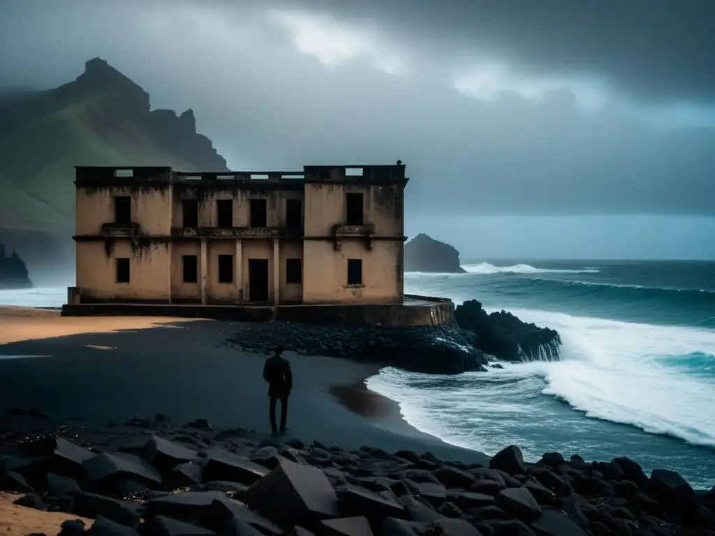 Una misteriosa vista de una antigua edificación colonial en Cabo Verde, envuelta en neblina, con olas rompiendo contra sus muros de piedra