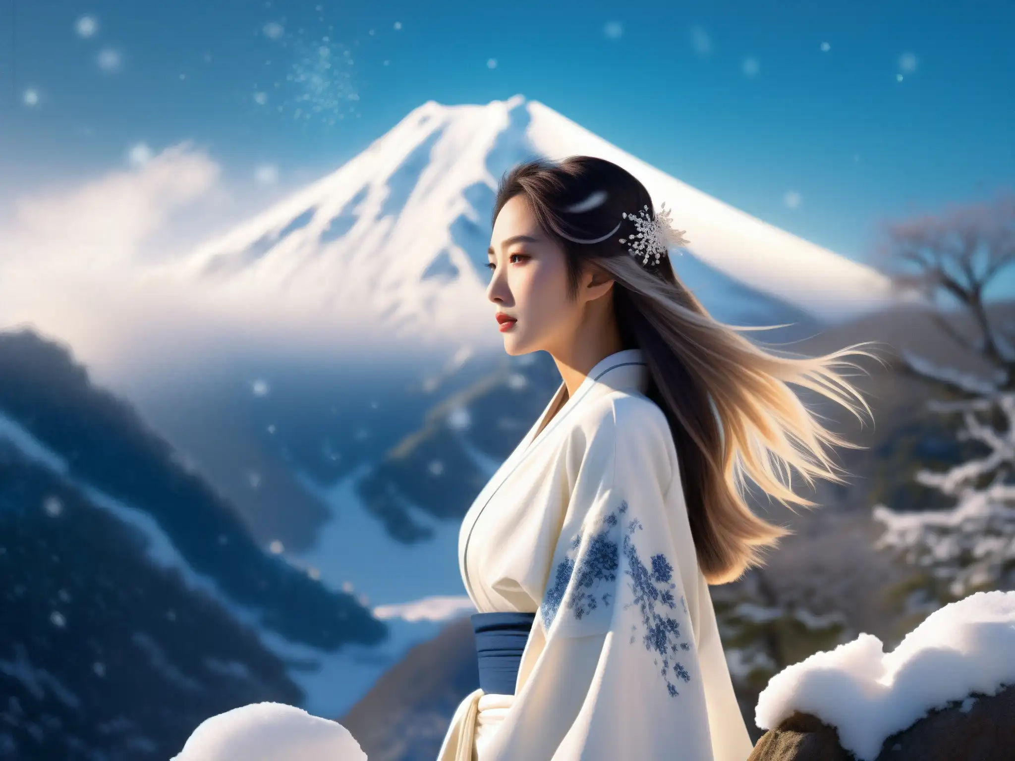Una misteriosa Yukionna de la leyenda japonesa, con kimono blanco, ojos brillantes y cabello helado, en la cima nevada de la montaña