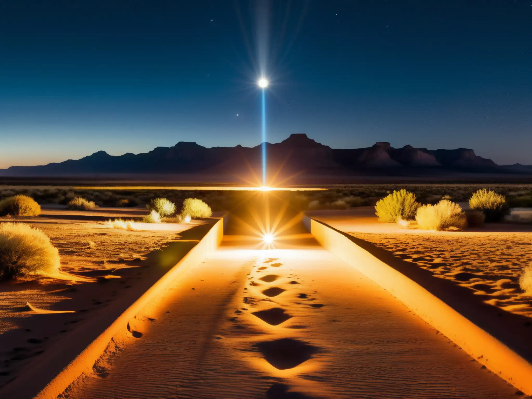 Misteriosas luces de Marfa en Texas iluminando el desierto en la noche, evocando su enigma y misticismo