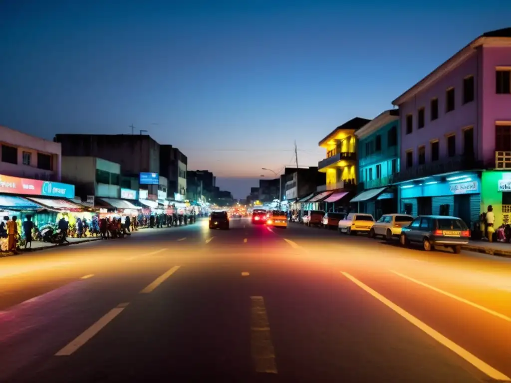 Misteriosas sombras en la bulliciosa Abidjan de noche, iluminadas por luces de neón