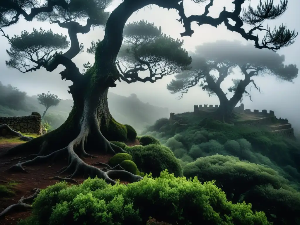 Misterioso bosque andaluz con árboles retorcidos, niebla espesa y un castillo lejano, evocando leyendas urbanas de brujas en Andalucía