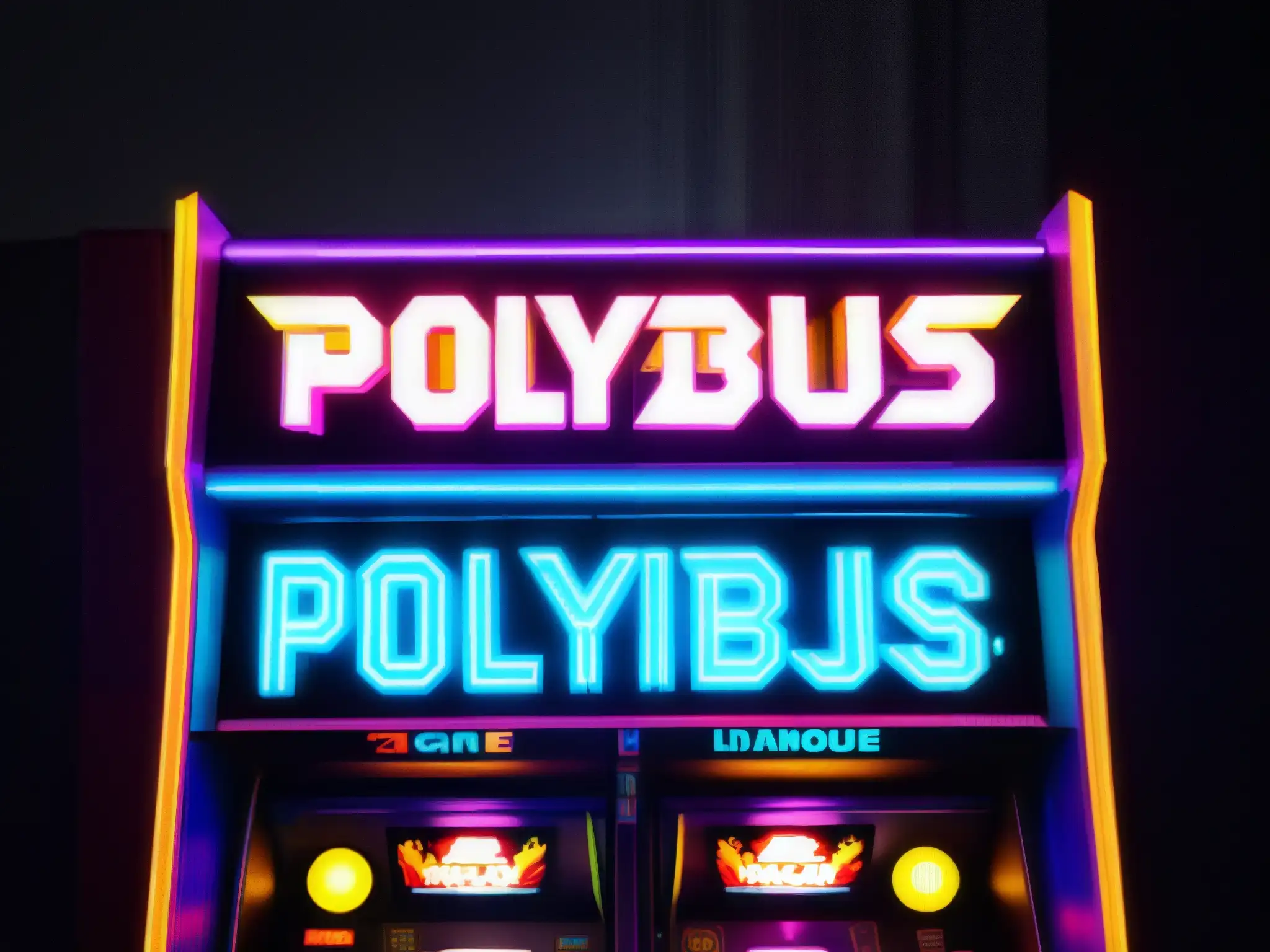 Un misterioso arcade vintage 'Polybius' iluminado, con atmósfera enigmática