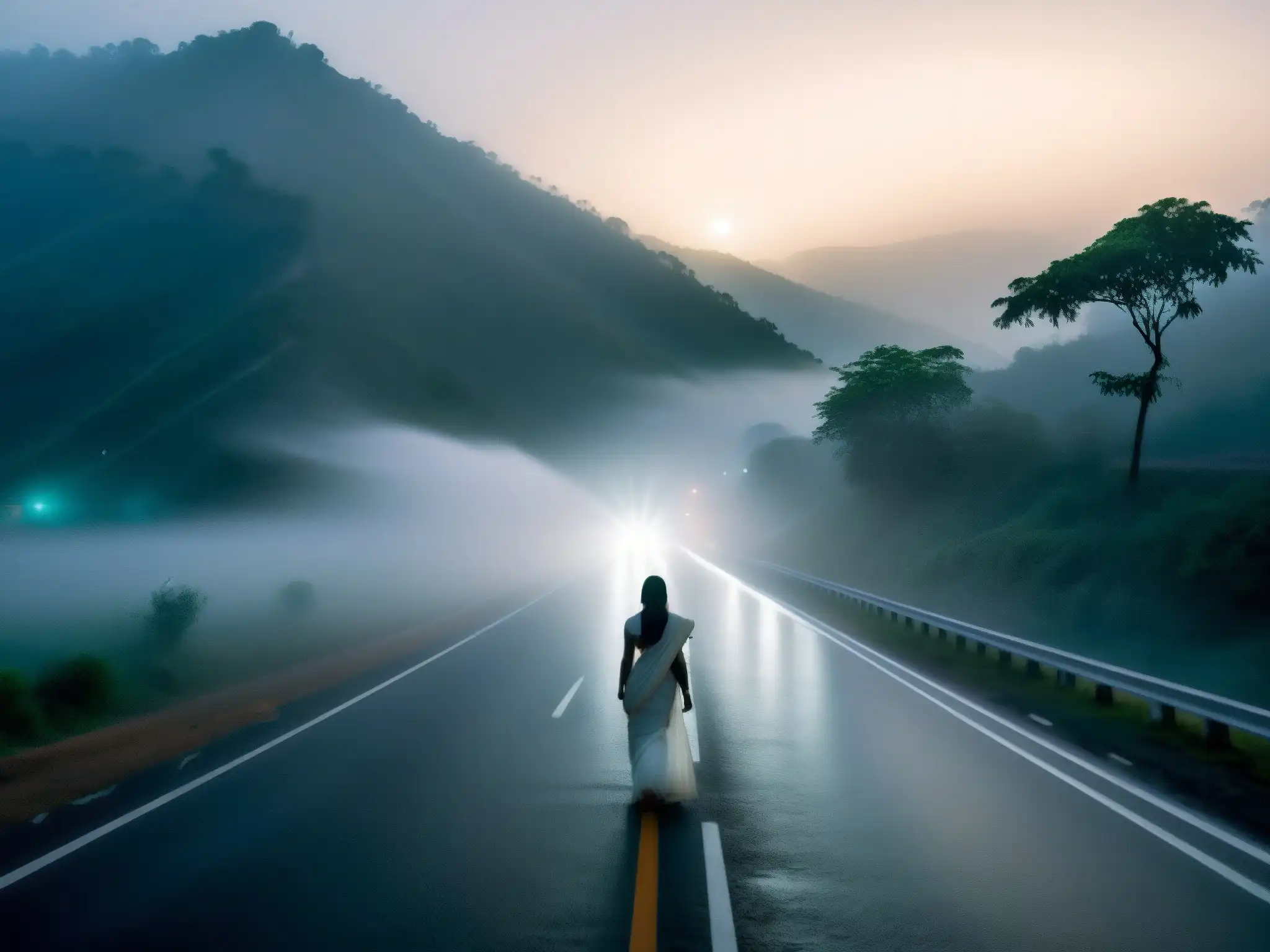 Un misterioso atardecer en una carretera de la India, con apariciones de la mujer blanca entre la neblina