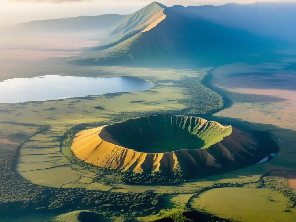 Misterioso atardecer en el Cráter Ngorongoro, con una luz dorada sobre la sabana