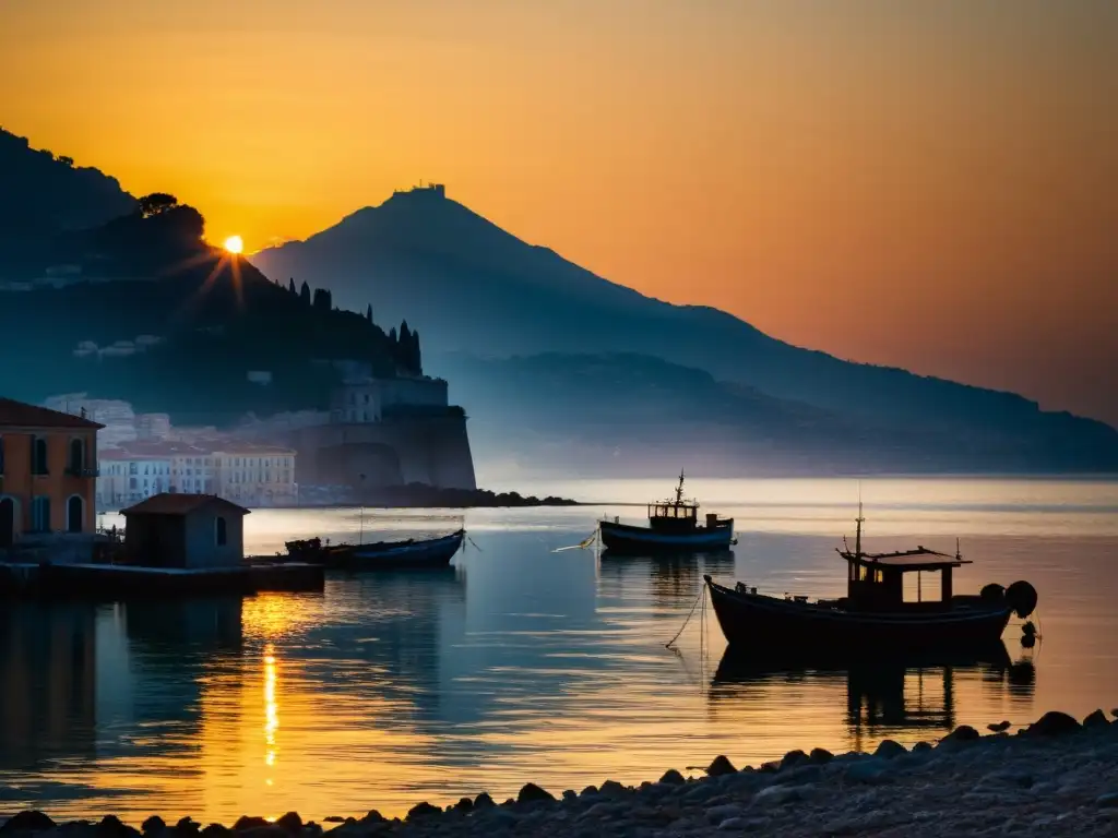 El misterioso atardecer en la bahía de Chiaia Napolitanas, con el Barco Fantasma y la luz dorada sobre el agua