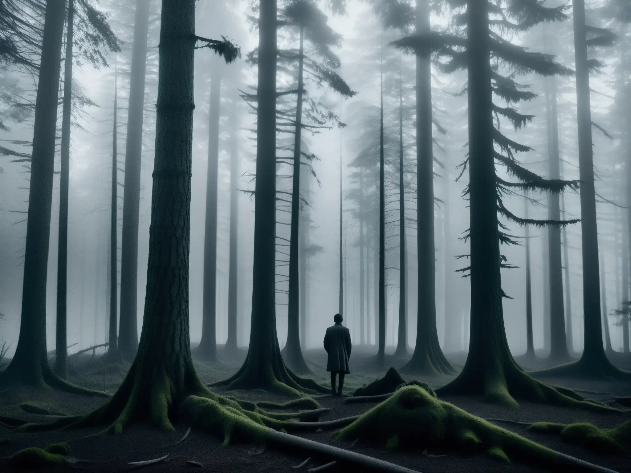 Misterioso bosque al atardecer con niebla, evocando el mito urbano Slenderman