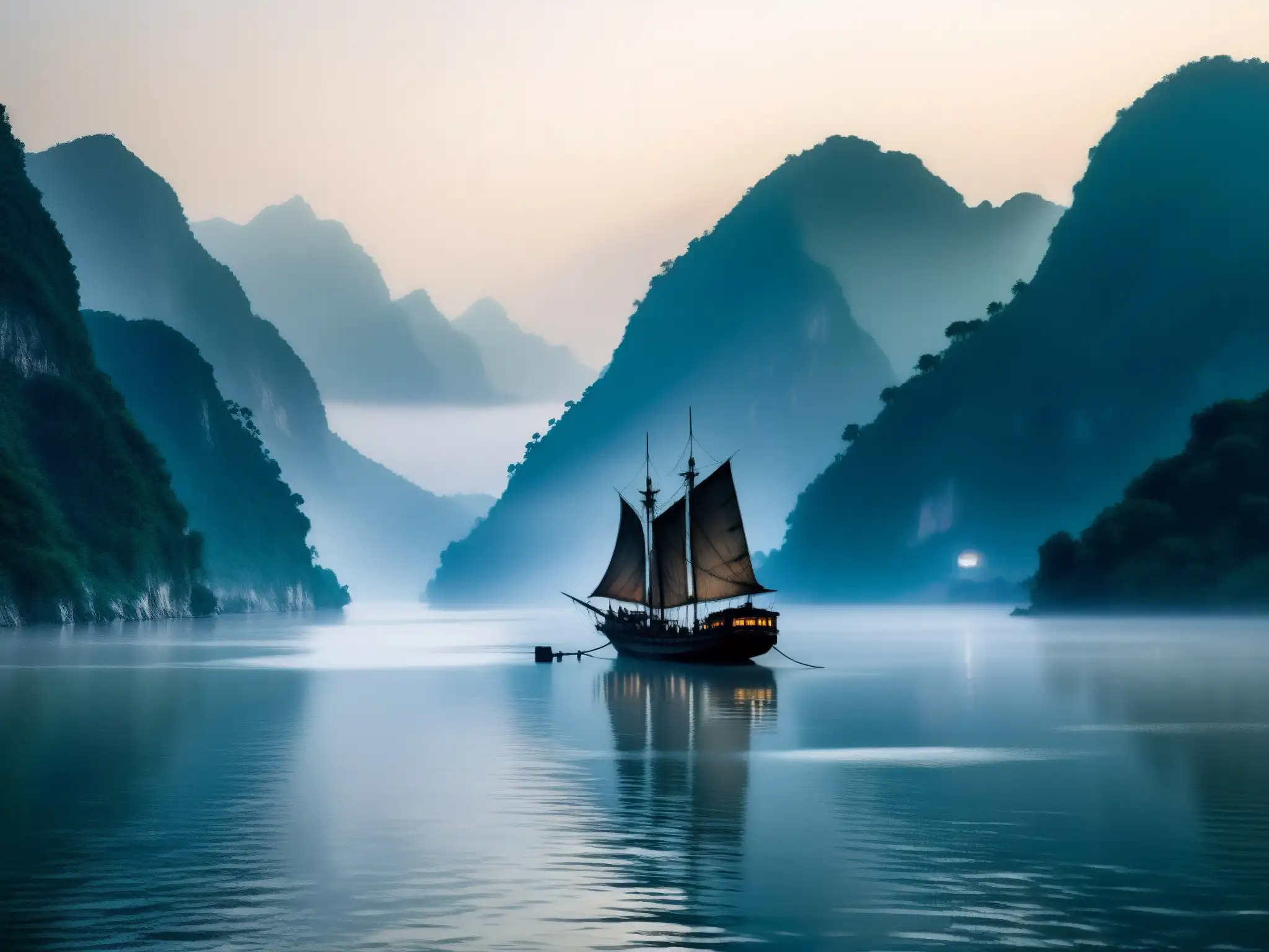 Misterioso barco fantasma en la neblina del río Yangtsé, reflejando el brillo fantasmal de la luna entre montañas ominosas