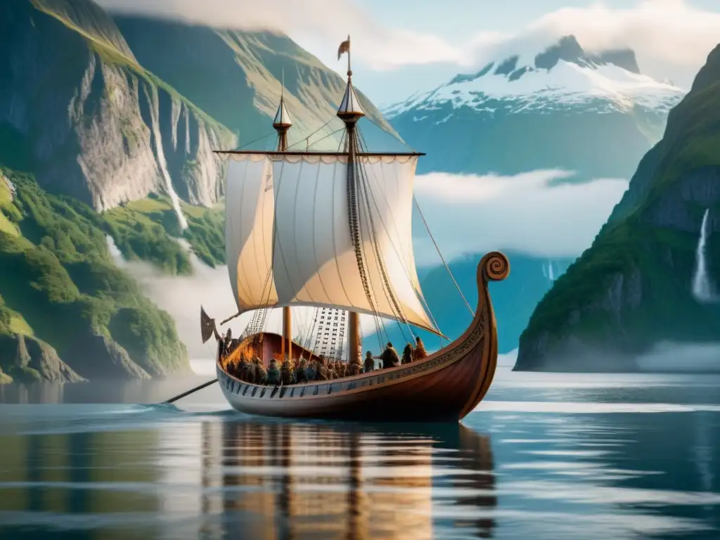 Un misterioso barco vikingo en un fiordo neblinoso, decorado con intrincadas tallas de la diosa Freya, evocando el amor, la guerra y el mito nórdico