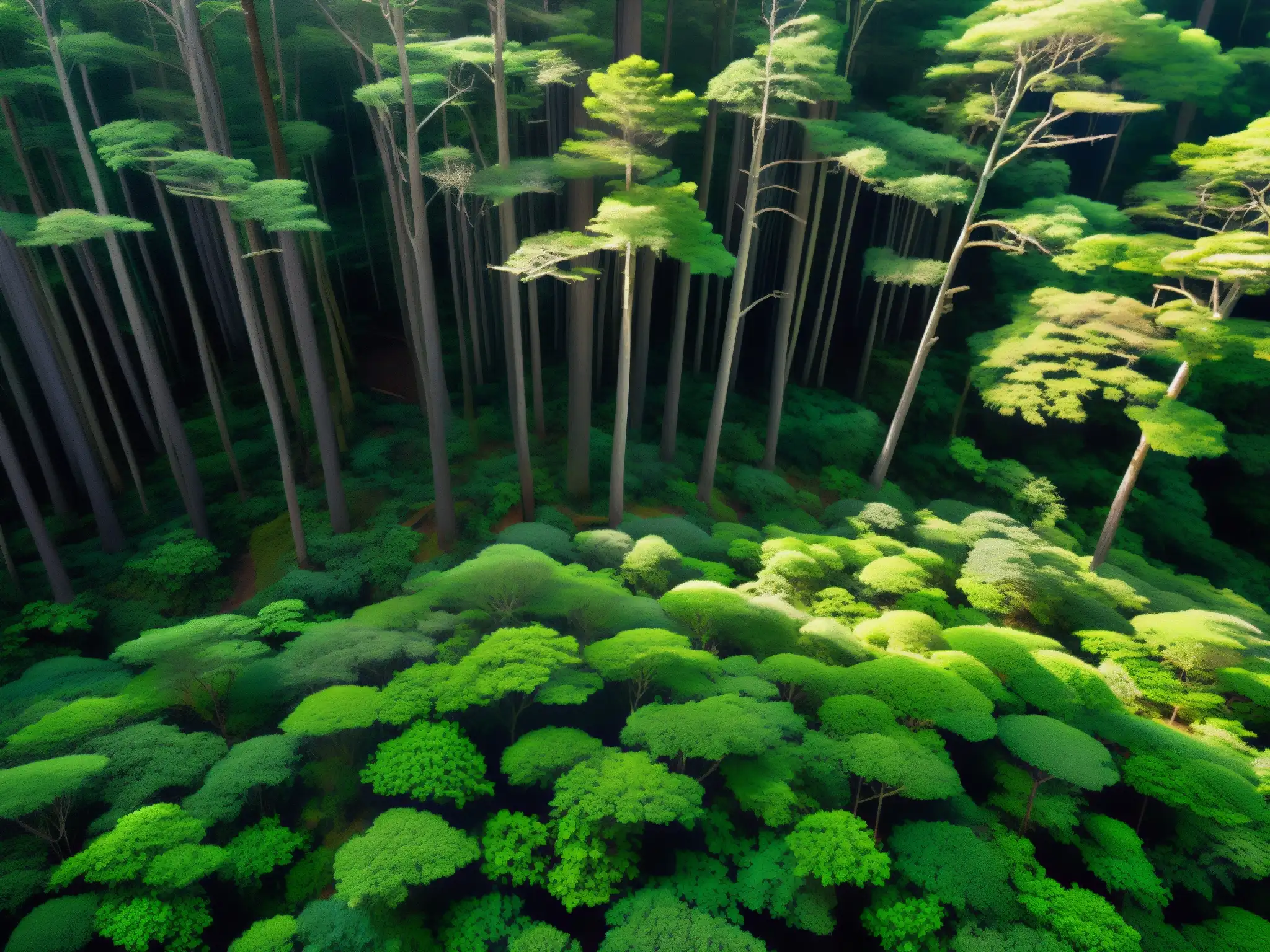 Misterioso bosque de Aokigahara: luz filtrándose entre densa vegetación, creando un ambiente encantador y misterioso