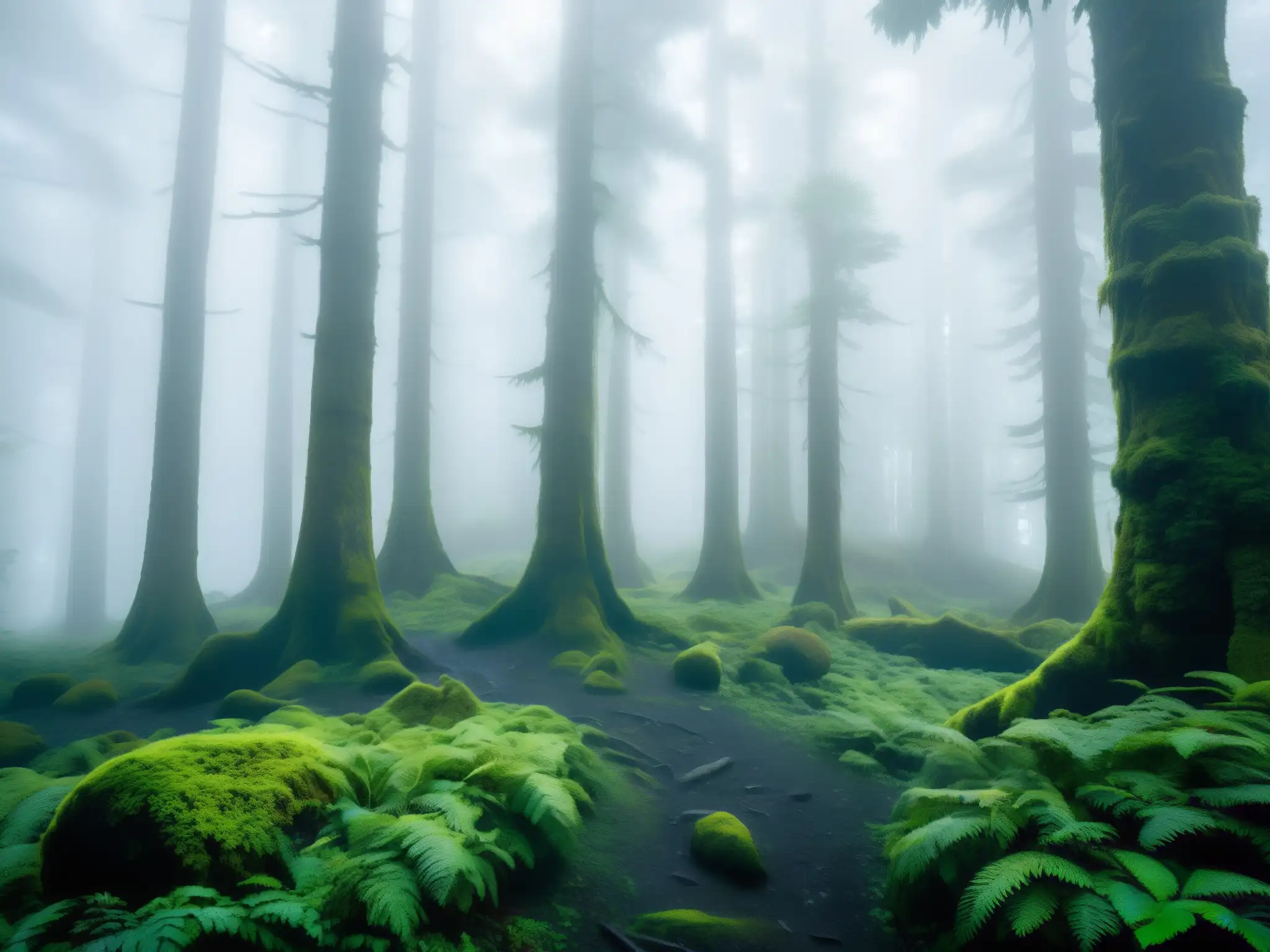 Misterioso bosque chilote con el legendario Trauco, seducción y misterio entre árboles cubiertos de musgo