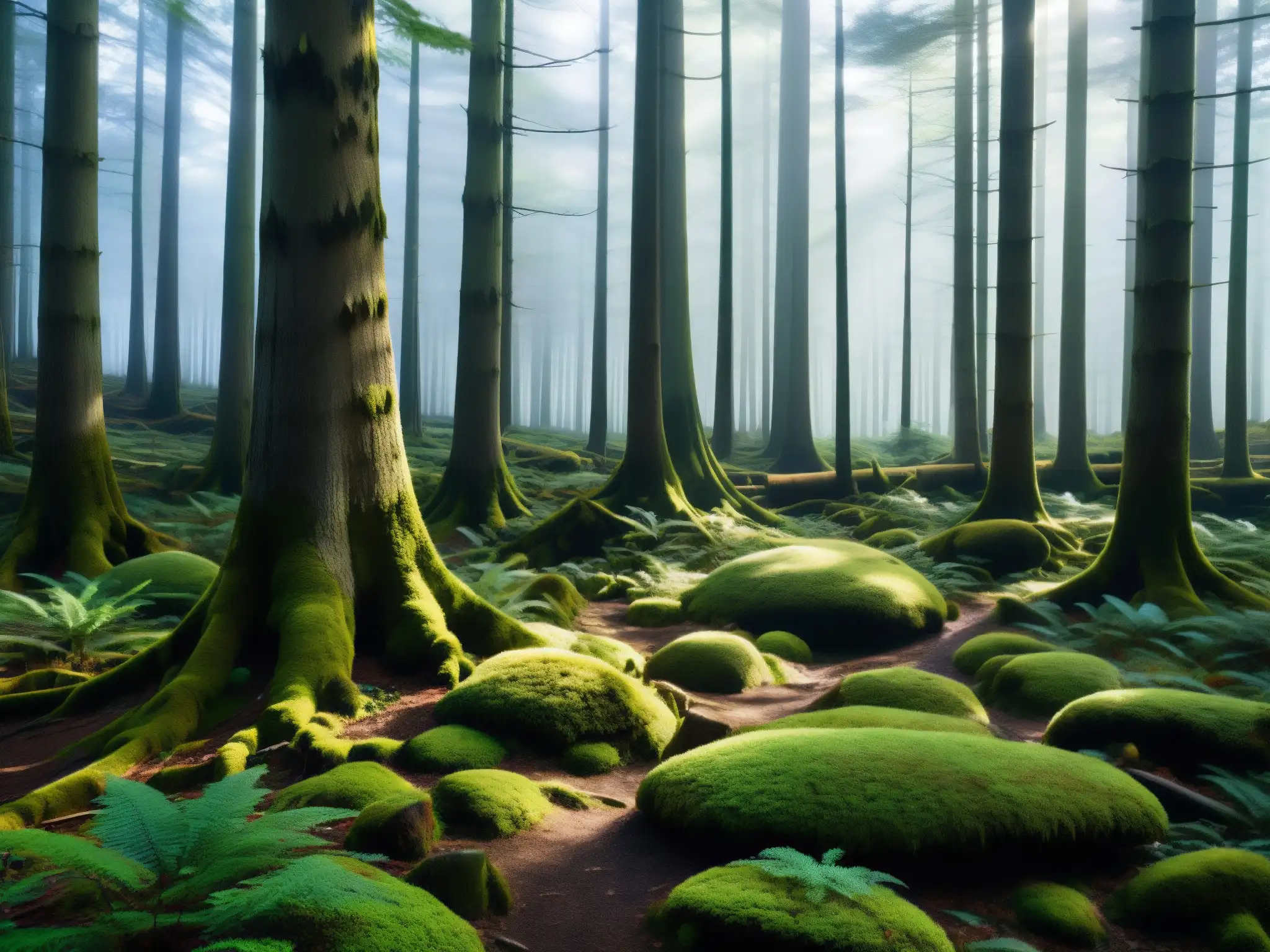 Misterioso bosque encantado de Aokigahara, con árboles imponentes y sombras intrincadas, crea una atmósfera mágica y misteriosa