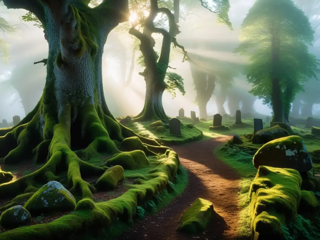 Un misterioso bosque envuelto en niebla en el norte de Europa, donde la luz del sol se filtra a través de los árboles antiguos