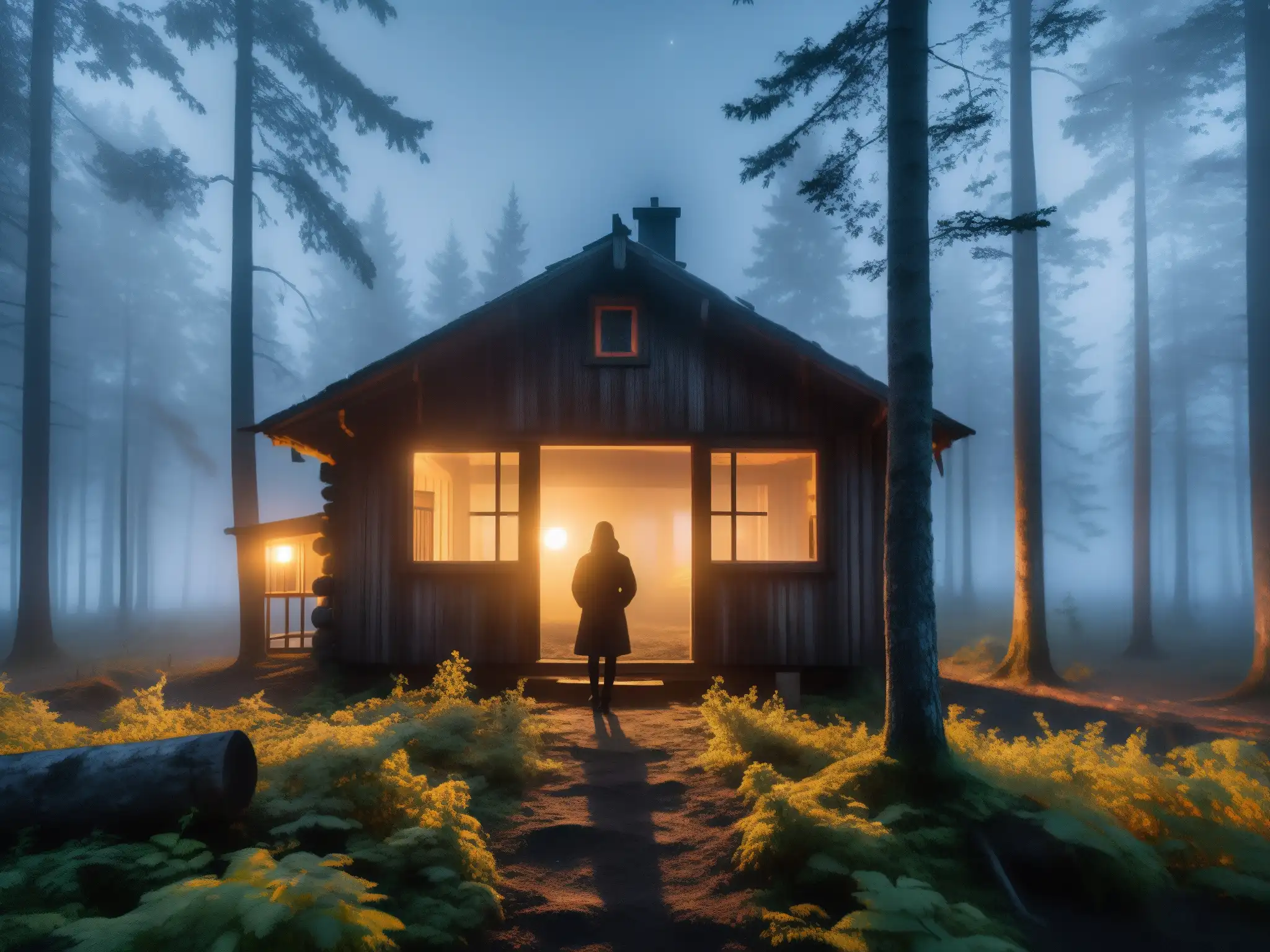 Misterioso bosque finlandés iluminado por la luna, con una casa antigua y una figura en la ventana