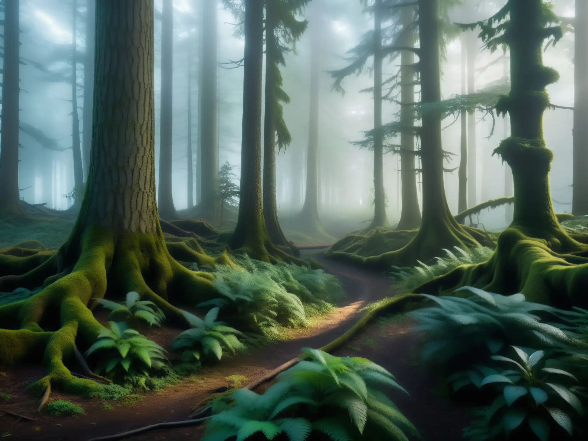 Misterioso bosque neblinoso al amanecer, con árboles retorcidos y un sendero desvanecido