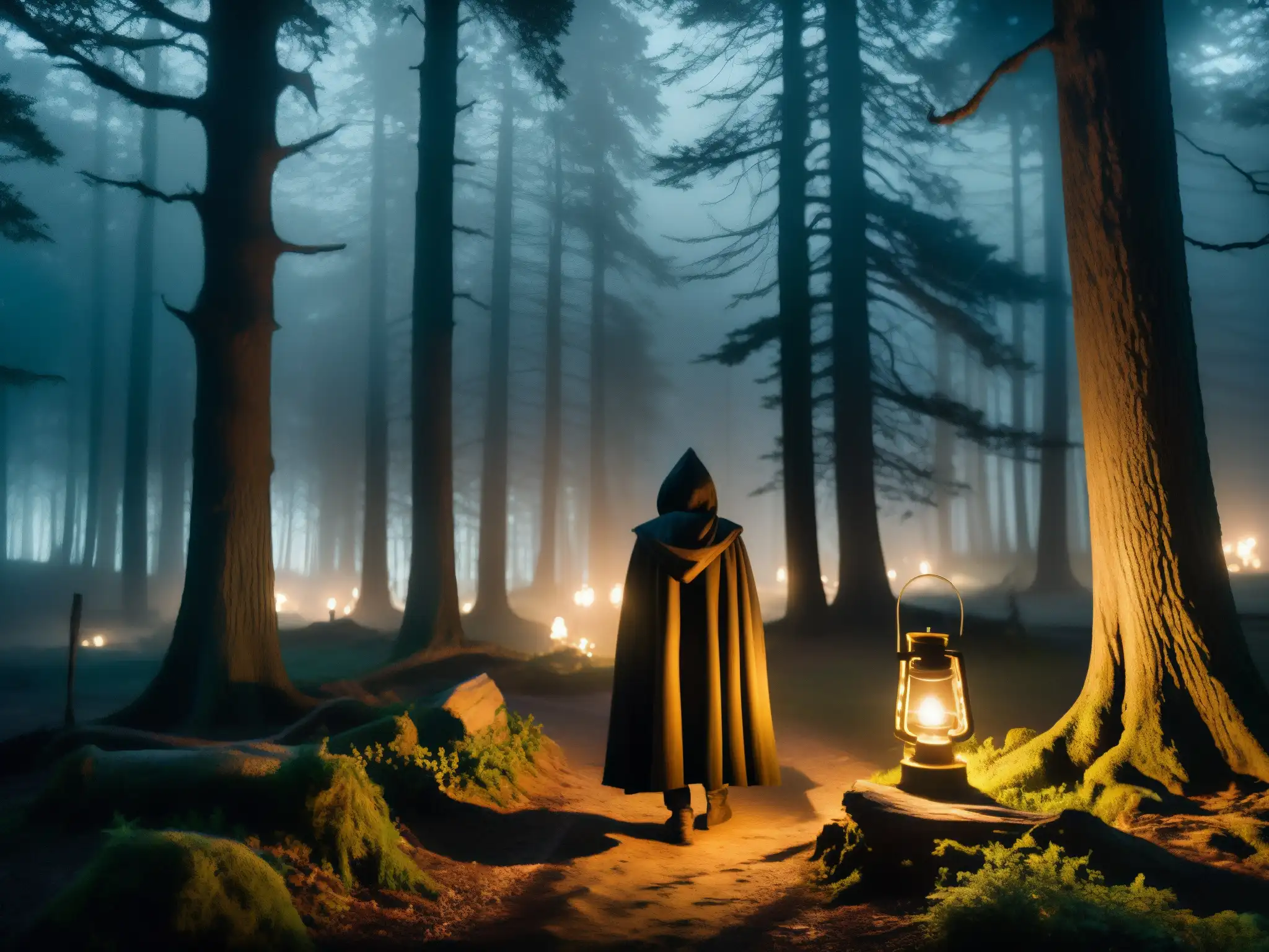 Un misterioso bosque nocturno con árboles retorcidos y una figura con capa sosteniendo una linterna titilante