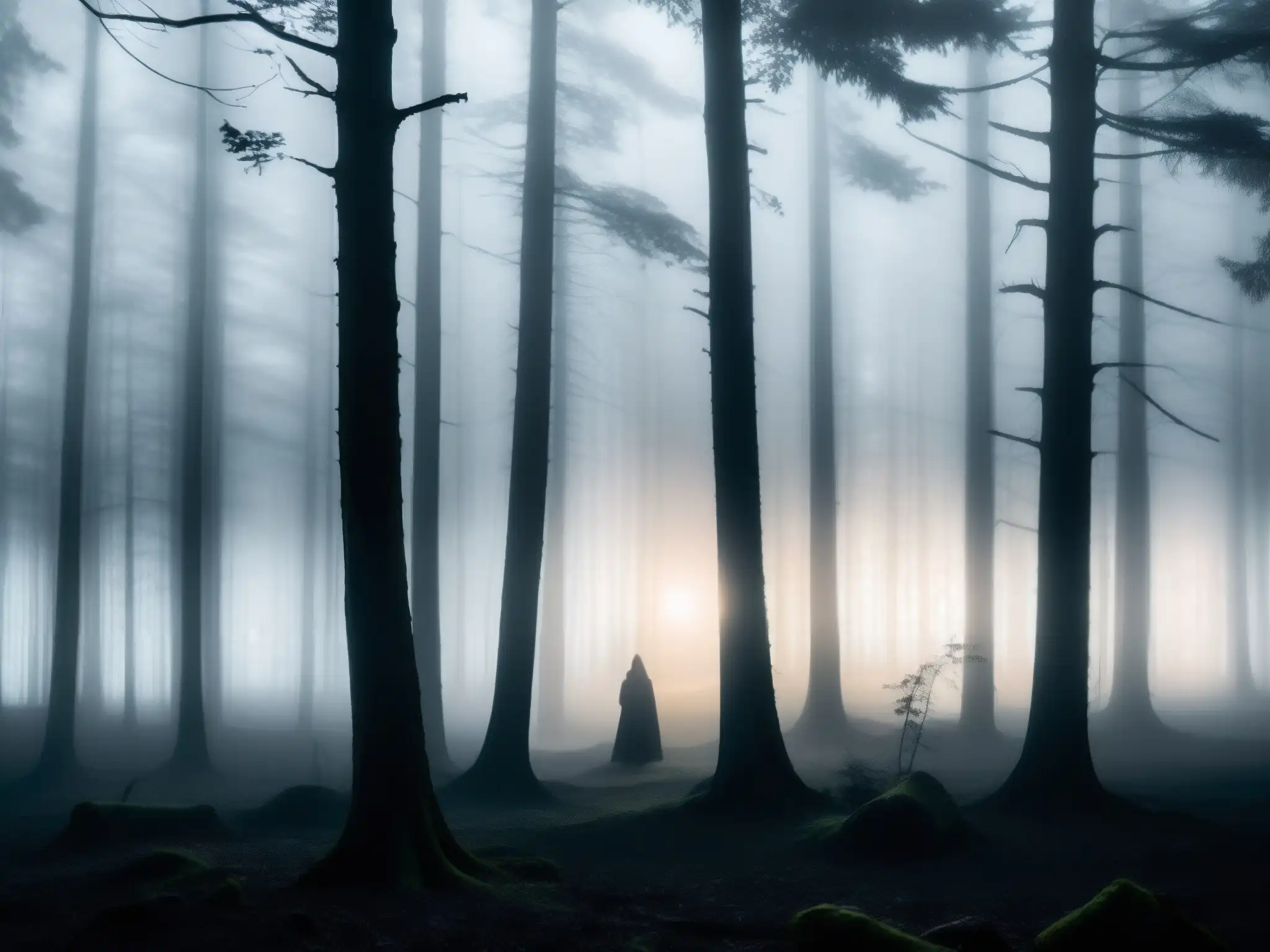 Misterioso bosque nocturno con figura solitaria, evocando la presencia etérea de la leyenda urbana Mujer Llorona