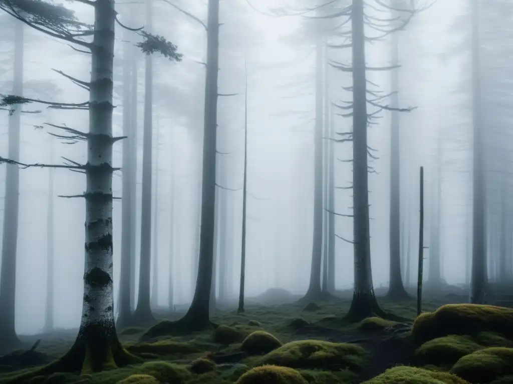 Misterioso bosque noruego en la niebla, con la aparición de la Dama Blanca de Noruega