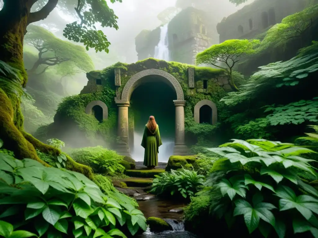 Misterioso bosque verde con ruinas celtas entre la niebla