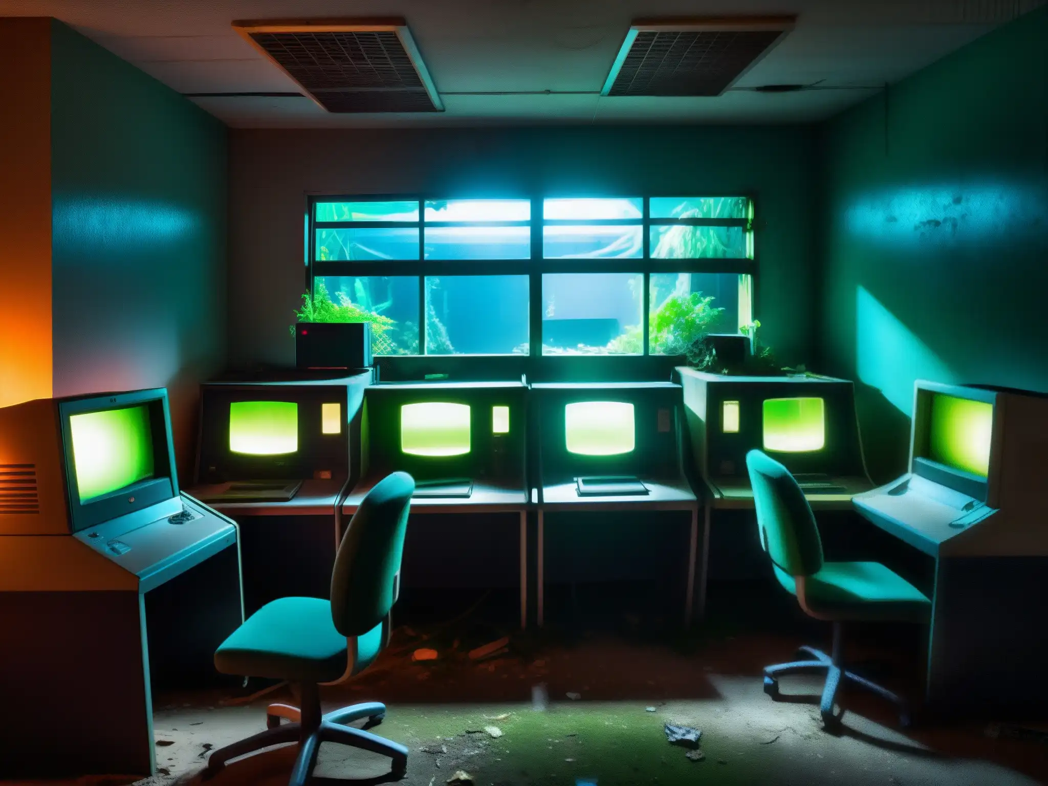 Un misterioso café abandonado, con luces parpadeantes y pantallas de computadora que iluminan el aire polvoriento