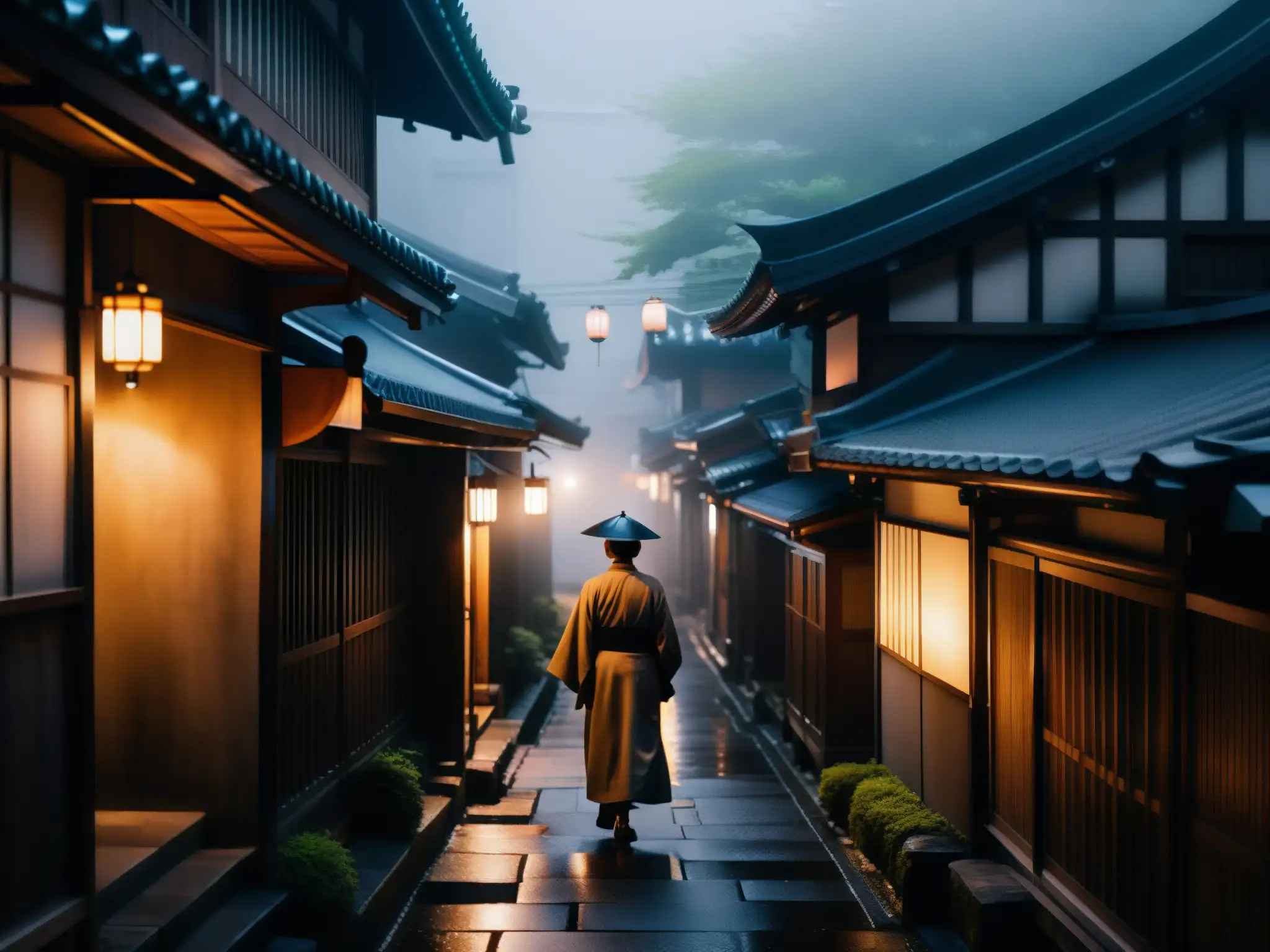 Un misterioso callejón de Tokio bañado en neblina, donde una figura solitaria camina entre antiguas edificaciones