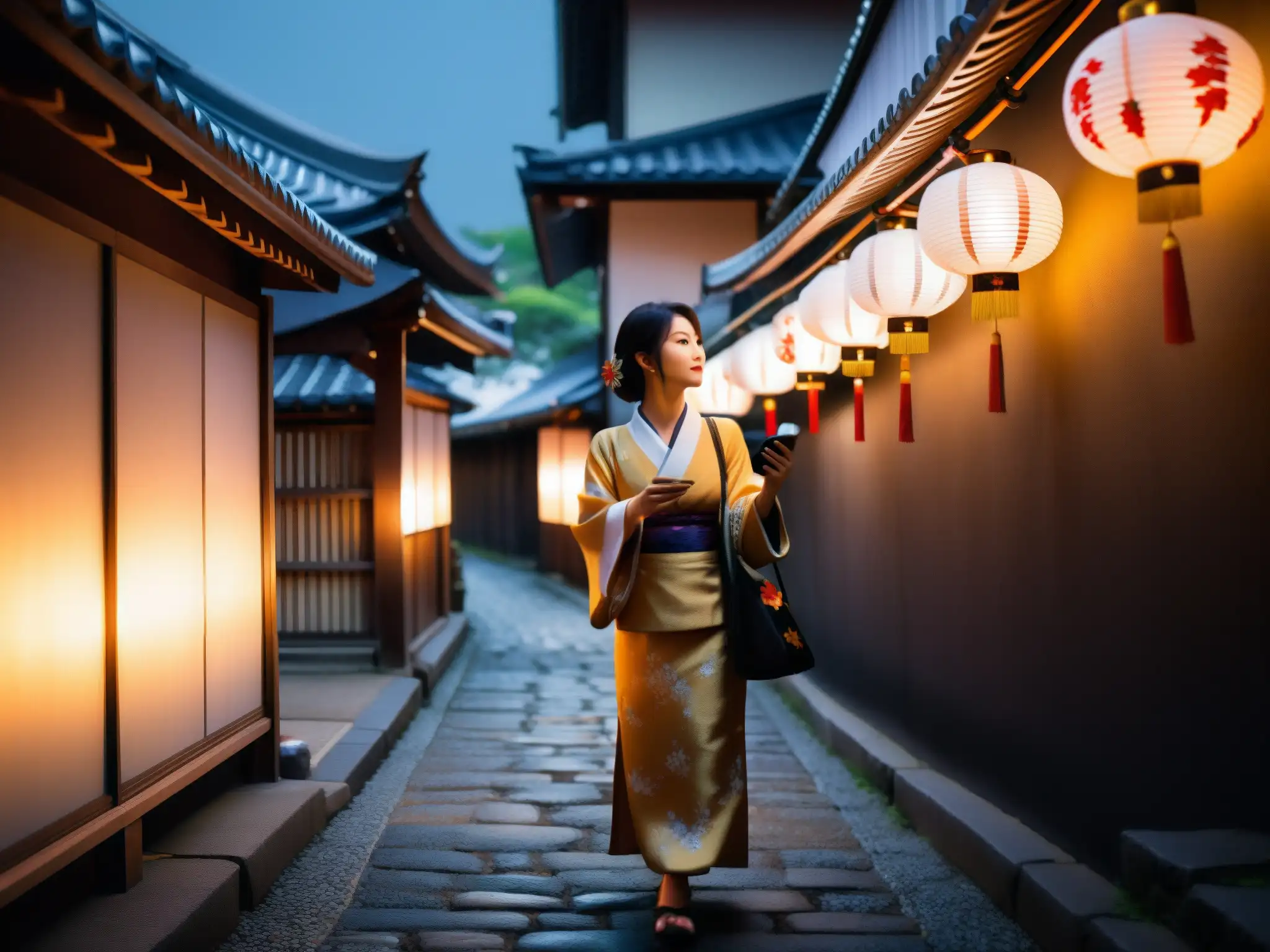 Un misterioso callejón japonés iluminado por linternas tradicionales, con una figura tomando un selfie