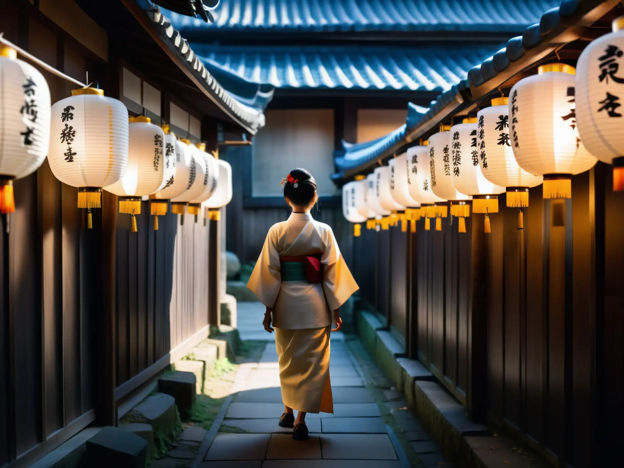Un misterioso callejón japonés con linternas tradicionales, una figura en kimono blanco y un smartphone