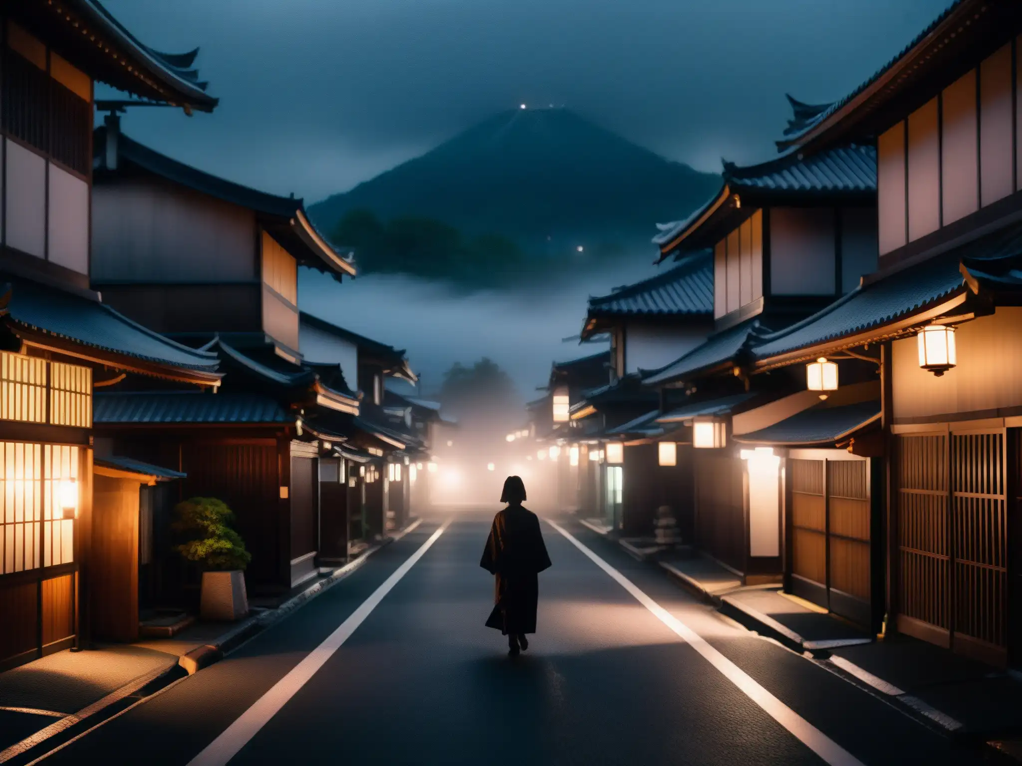 Un misterioso callejón japonés de noche con niebla, evocando la atmósfera inquietante del Nopperabō en la narrativa contemporánea