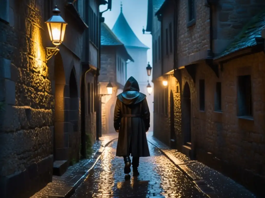 En el misterioso callejón medieval, un enigmático figura bajo la luz tenue, evoca supersticiones y leyendas urbanas Edad Media