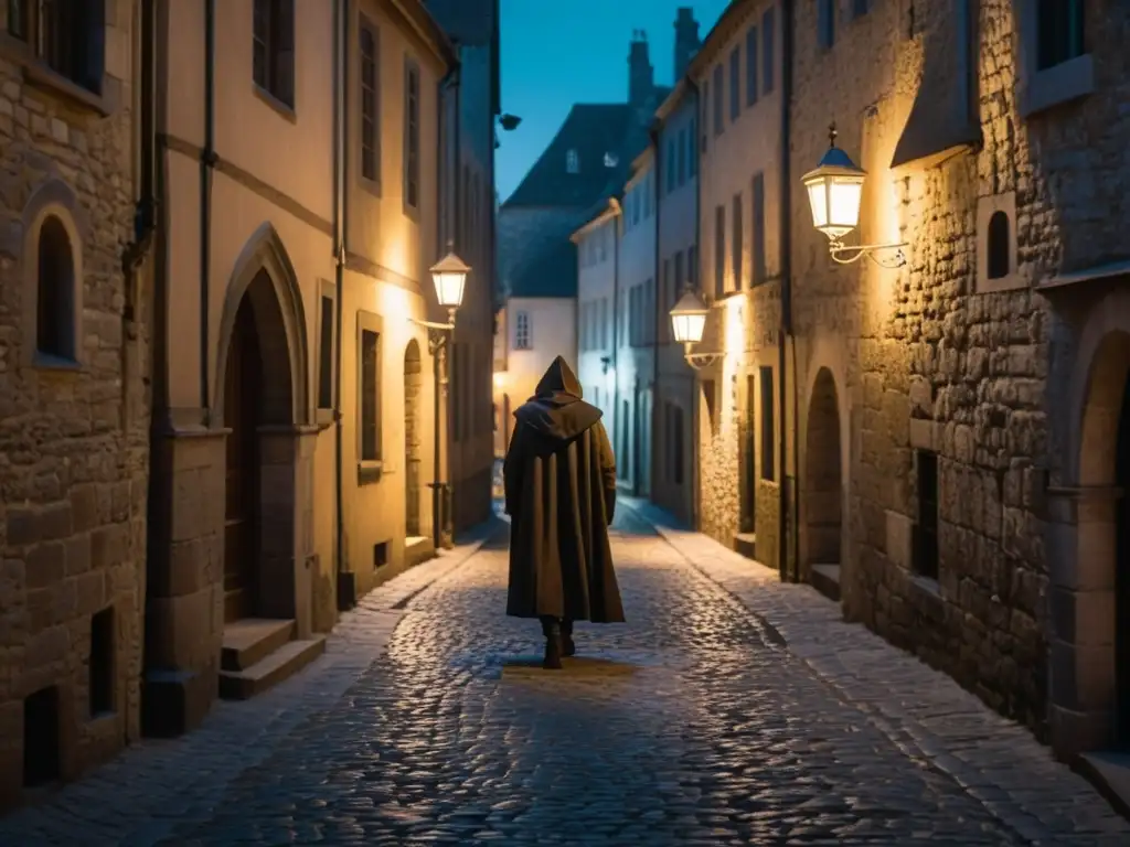 Un misterioso callejón medieval europeo con sombras y una figura solitaria