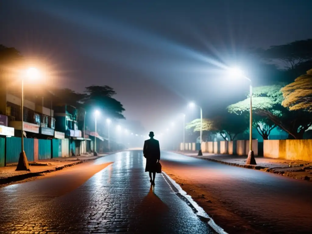 Un misterioso callejón de Nairobi iluminado por la noche, con la silueta de una figura solitaria
