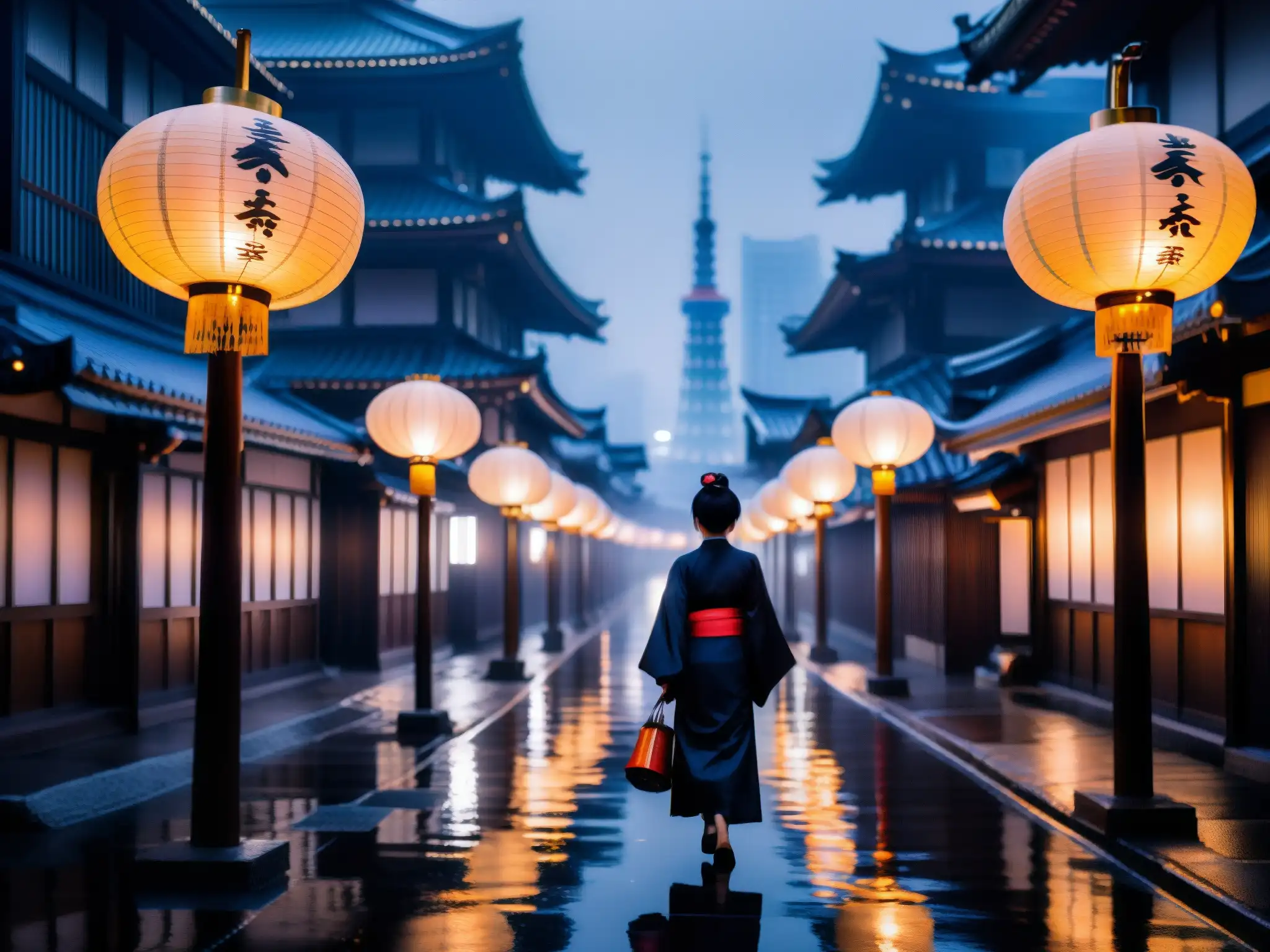 Un misterioso callejón en Tokio de noche, con linternas japonesas creando un aura fantasmal