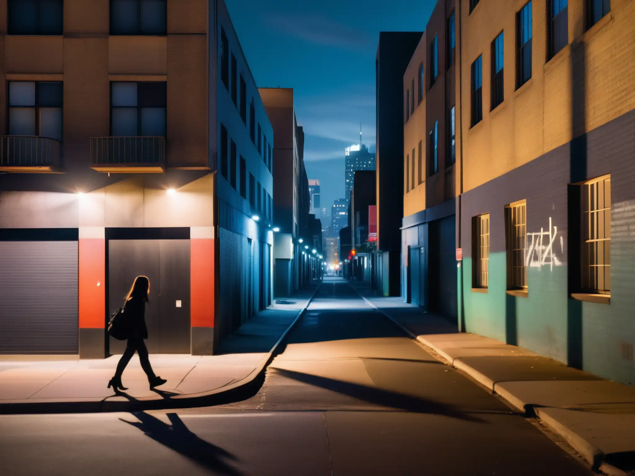 Un misterioso callejón nocturno en la ciudad, con sombras alargadas, luces tenues y una figura solitaria