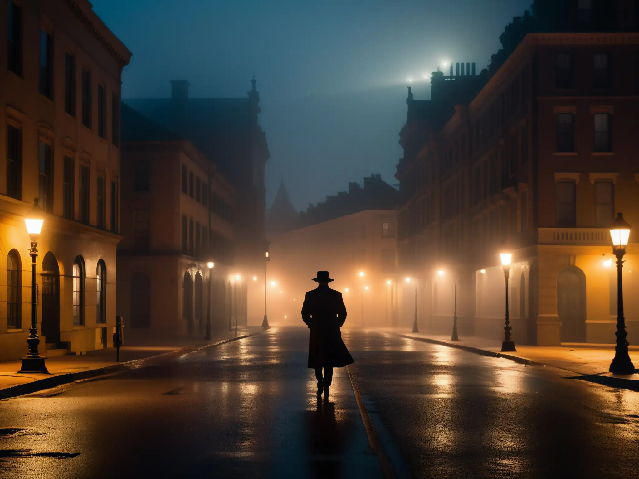 Un misterioso callejón nocturno envuelto en neblina, con sombras proyectadas en viejos edificios