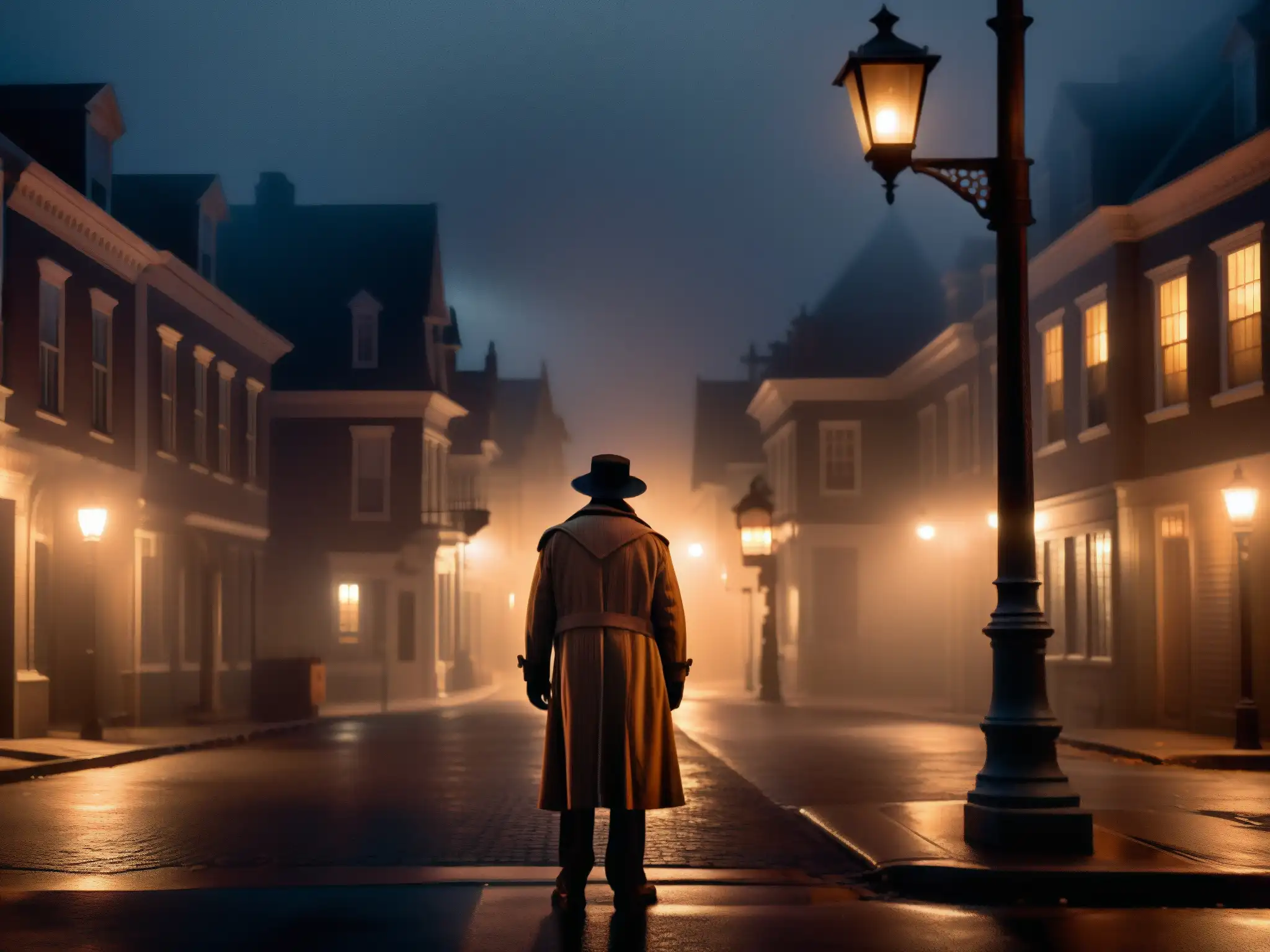 Un misterioso callejón nocturno en Halloween con una figura solitaria bajo una farola titilante