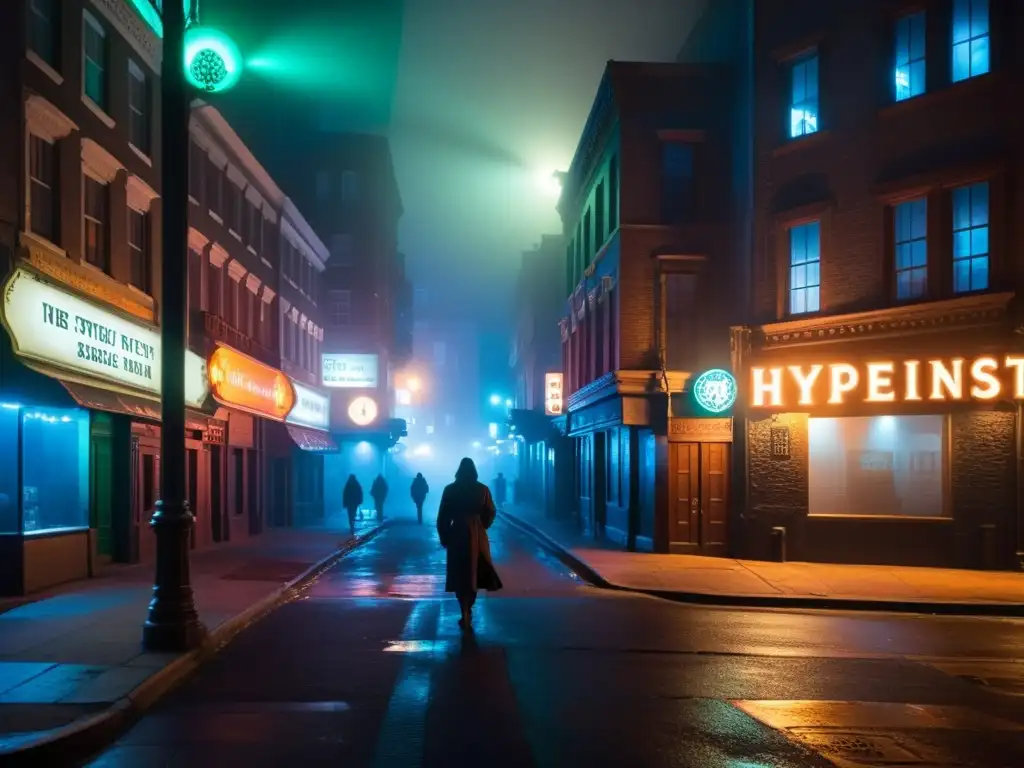 Un misterioso callejón nocturno, con neblina entre edificios y símbolos antiguos