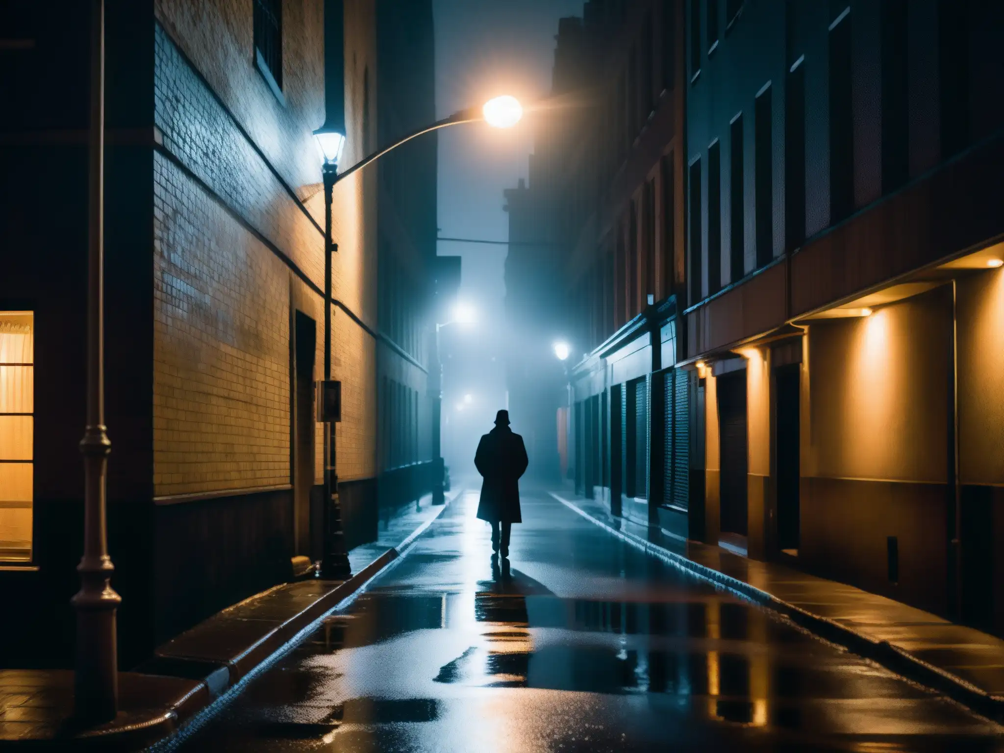 Un misterioso callejón oscuro por la noche con una figura solitaria bajo una farola parpadeante, creando sombras largas en el pavimento mojado